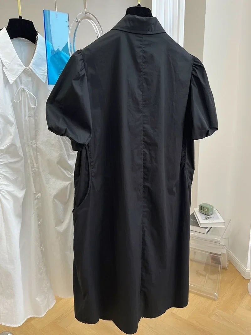 Loose Drawstring White Lantern Short Sleeve Shirt Dress Vestidos Elegantes Para Mujer Maxi Single Breasted Women es