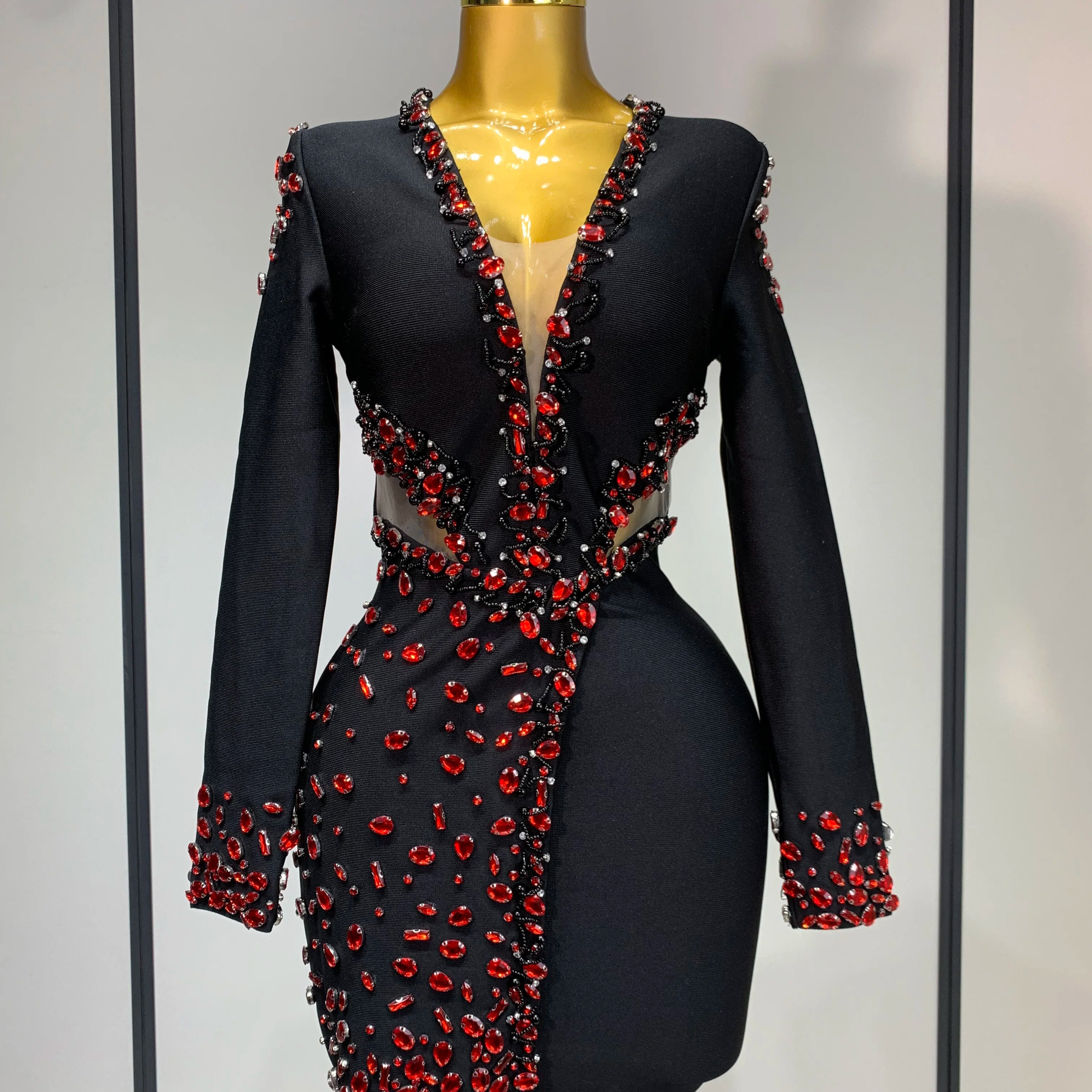 Luxury Birthday Women Celebrity Sexy Long Sleeve V Neck Rhinestone Black Bandage Dress 2025 Elegant Evening Club Party Dresses black
