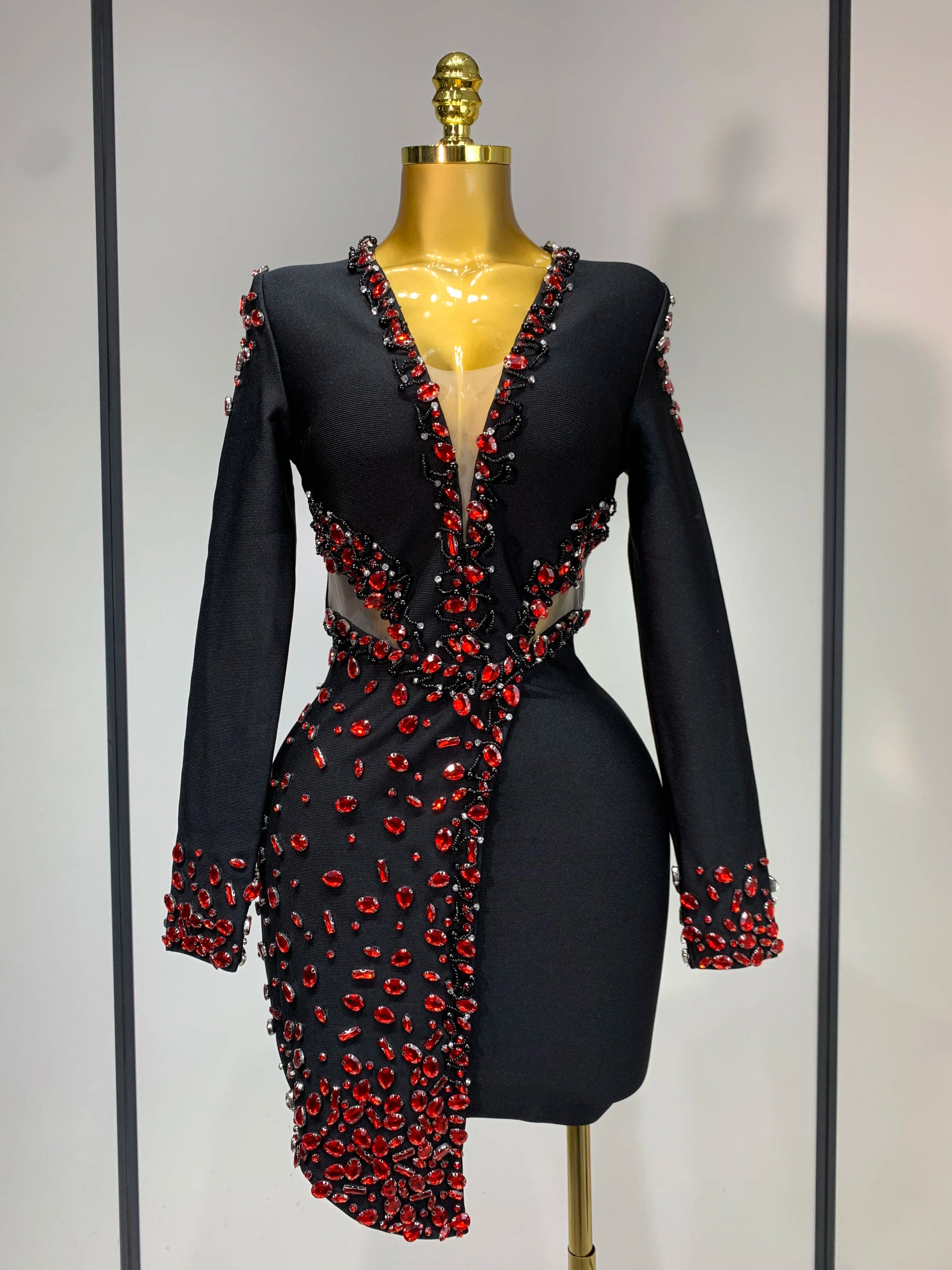 Luxury Birthday Women Celebrity Sexy Long Sleeve V Neck Rhinestone Black Bandage Dress 2025 Elegant Evening Club Party Dresses black