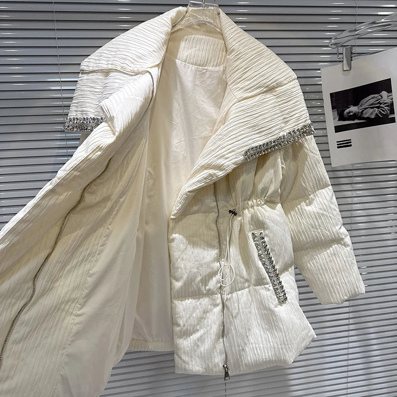 Winter New Heavy Beaded Lapel Drawstring Waist Warm Mid-Length Jacket For Women Loose Cotton-padded Coat 11A07671