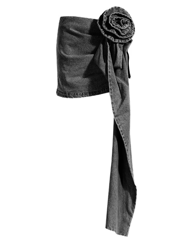 DEAT Fashion Women's Skirt High Waist Three-dimensional Rose Flower Asymmetric Blue Denim Short Skirts Summer New 17A8357 deep gray