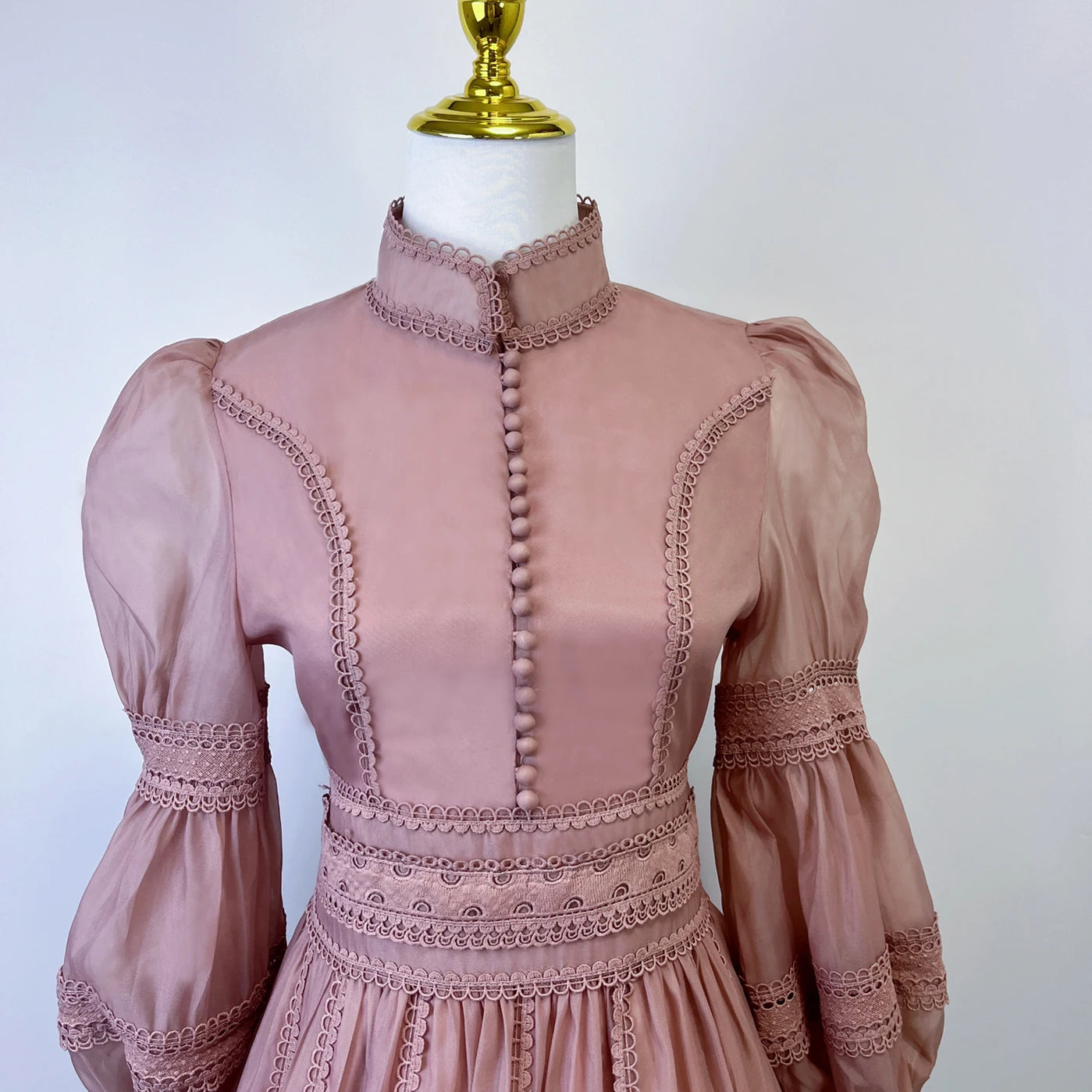 Runway Designer Embroidery Lace Patchwork Party Night Dress High Lantern Sleeve Stand A Line Vintage Elegant Dress