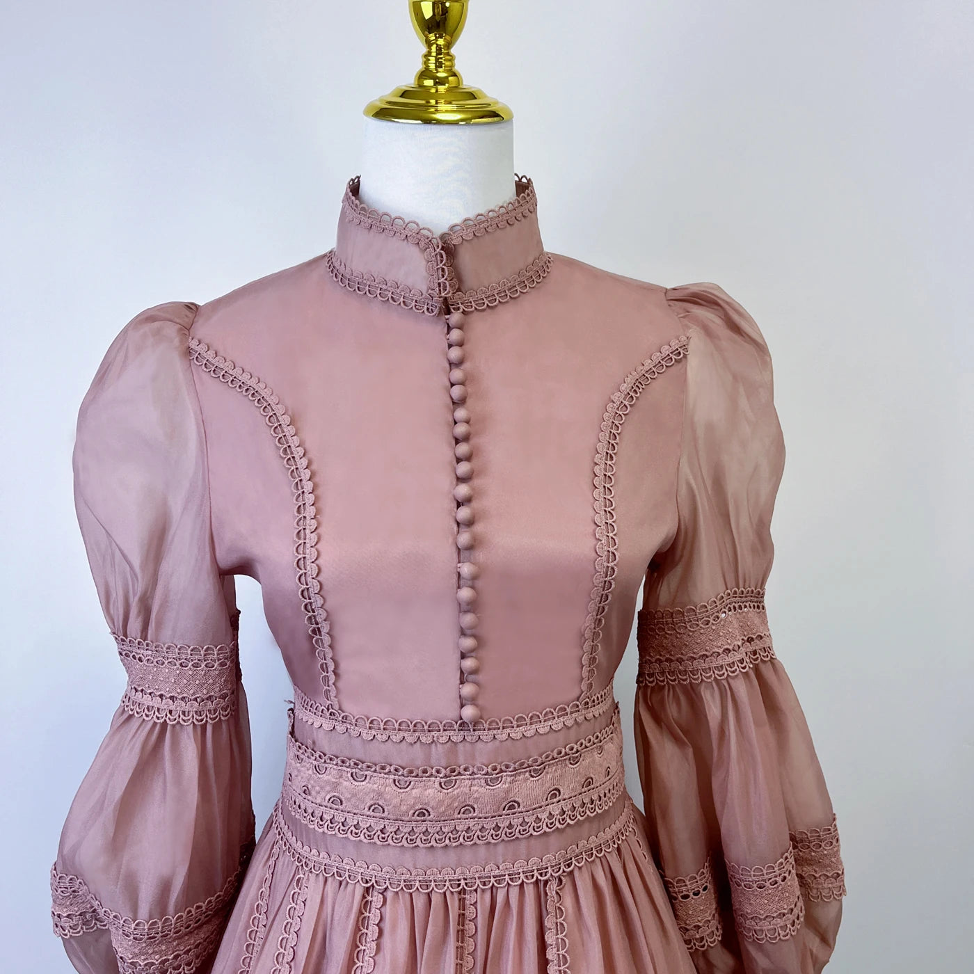 Runway Designer Embroidery Lace Patchwork Party Night Dress High Lantern Sleeve Stand A Line Vintage Elegant Dress