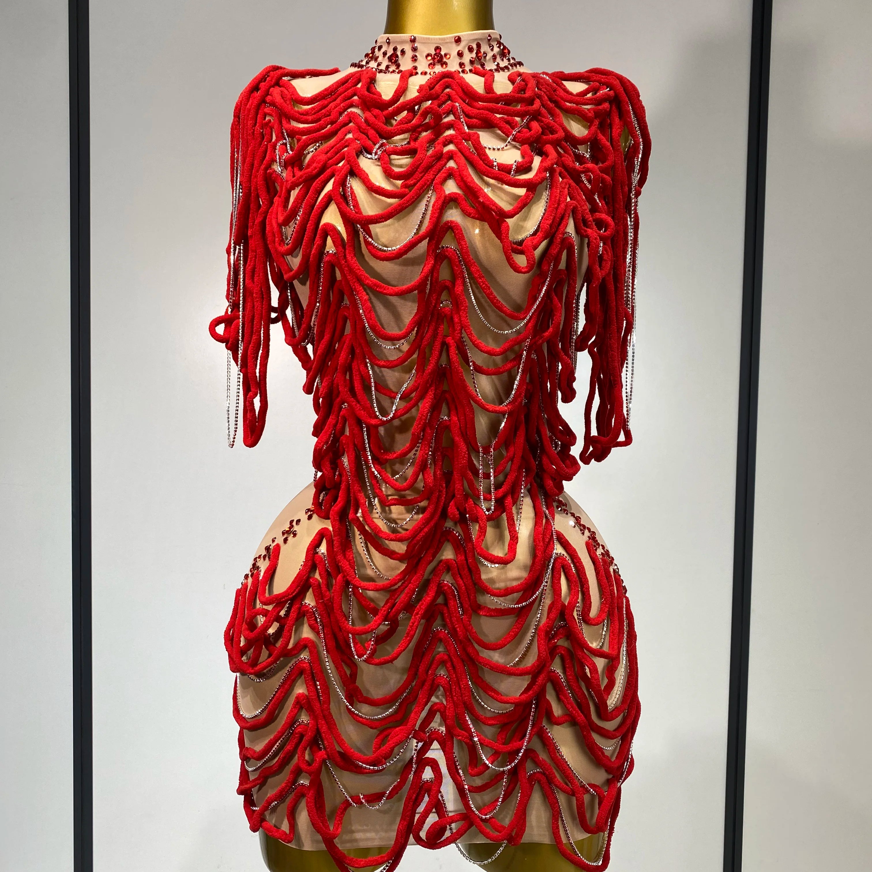 Women Sexy Fashion Short Dress Mesh Designer Rhinestones Chain Stage Costume Nightclub Celebrate Party Performance Outfit Red