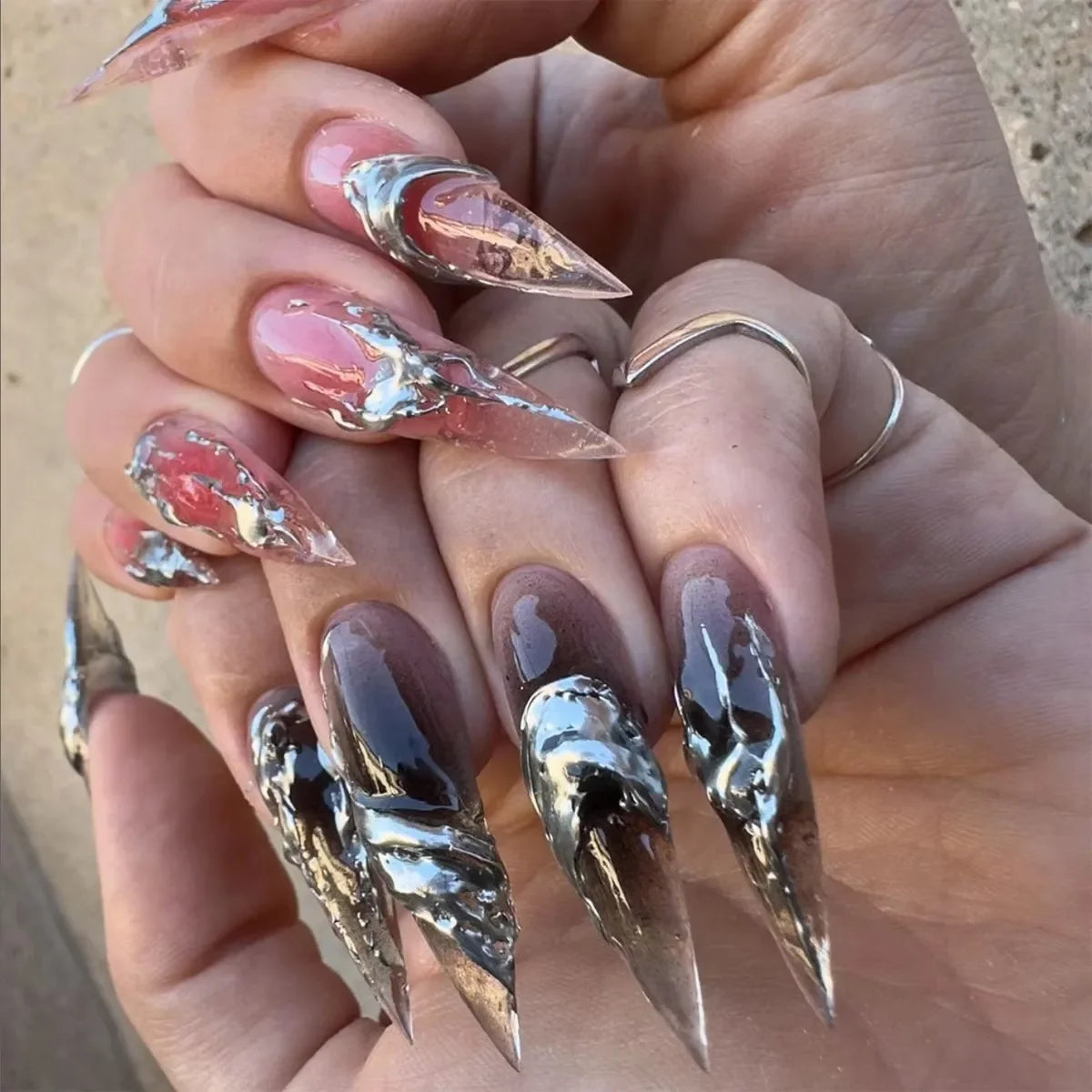 Exaggerate Punk Extra Long Pointed Fake Nails Art Dark Y2K Black Spider Centipede Rhinestone False Nail Press on Nails Manicure