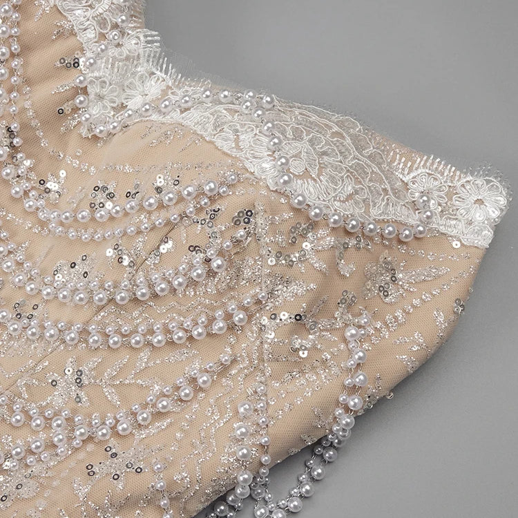 Women'S Evening Dress Luxury Pearl Chain Eelgant Mermaid Maxi Long Gown With Gloves Celebrity Party Vestidos