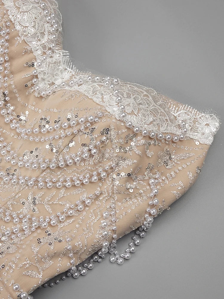 Women'S Evening Dress Luxury Pearl Chain Eelgant Mermaid Maxi Long Gown With Gloves Celebrity Party Vestidos