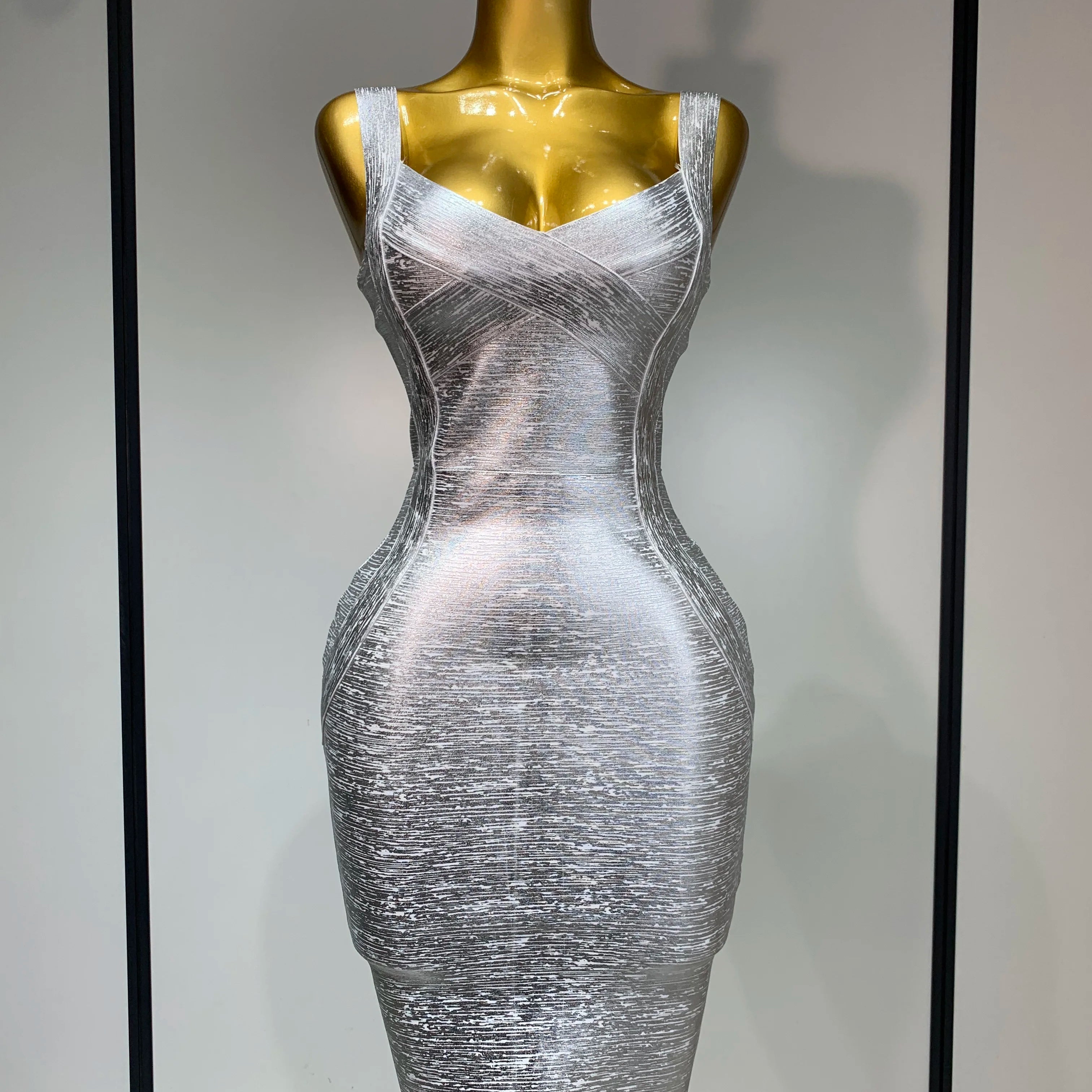 Women Sleeveless Bodycon Bandage Dress Celebrity Elegant Silver Gold Cocktail Party Birthday Dress Vestidos Silver