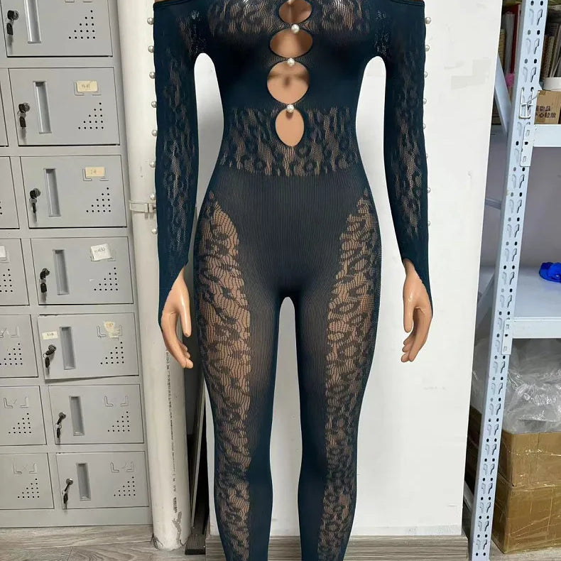 2025 Long Sleeve Sexy Leopard Lace See Through Women’s Jumpsuits Summer Slash Neck Night Club Party One Piece Outfits Black One Size
