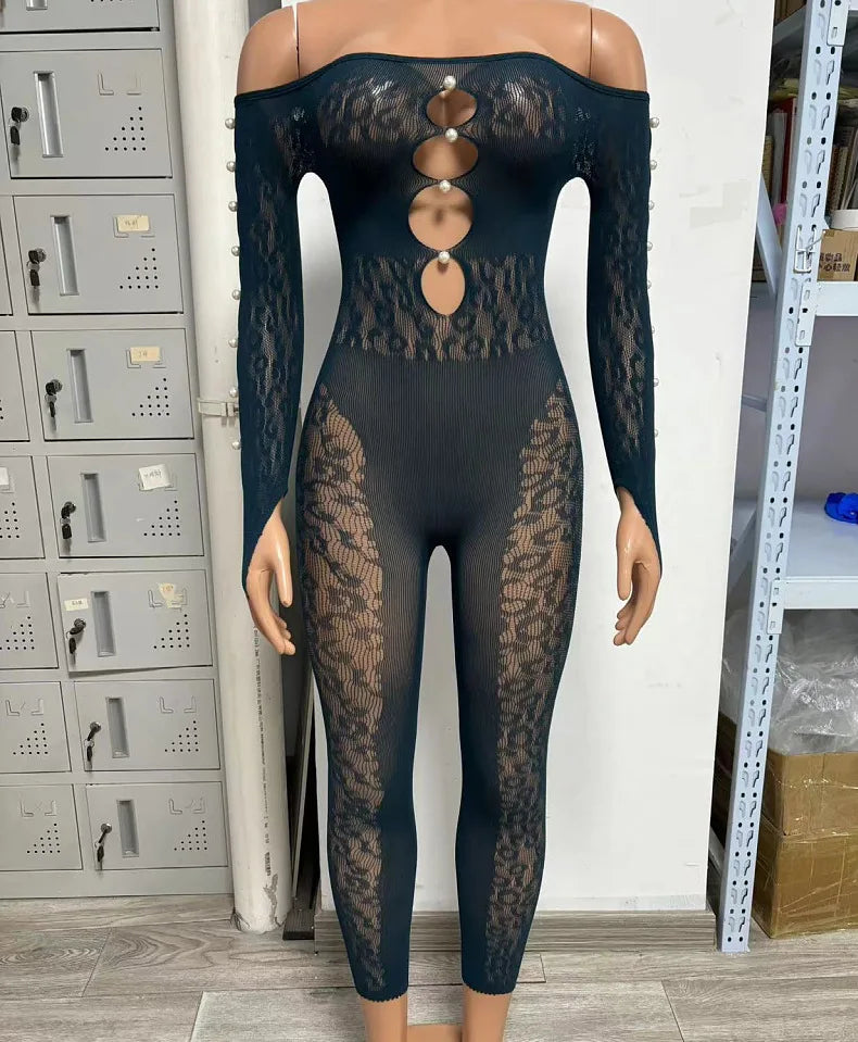 2025 Long Sleeve Sexy Leopard Lace See Through Women’s Jumpsuits Summer Slash Neck Night Club Party One Piece Outfits Black One Size