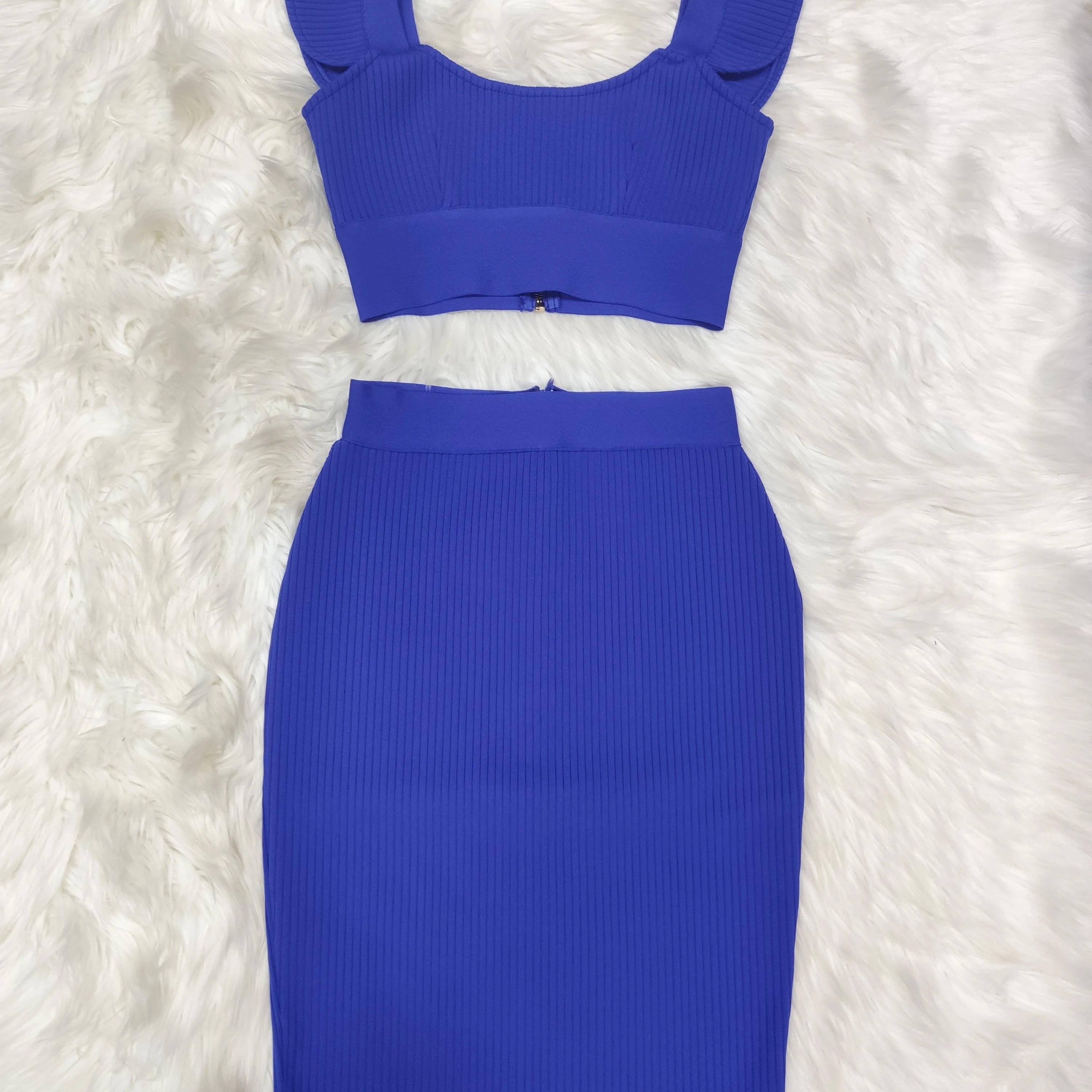 Celebrity Sexy Fashion Green Yellow Ruffles Bodycon Rayon Two Pieces Bandage Dress Two Pieces & Skirt Set Blue