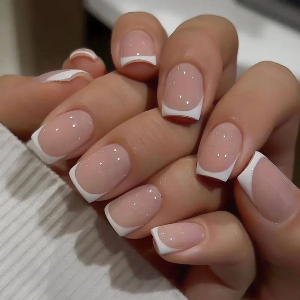 24pcs/set short square fake nails for women cute bride heart white french tips faux ongles y2k press on false nail supplies 945