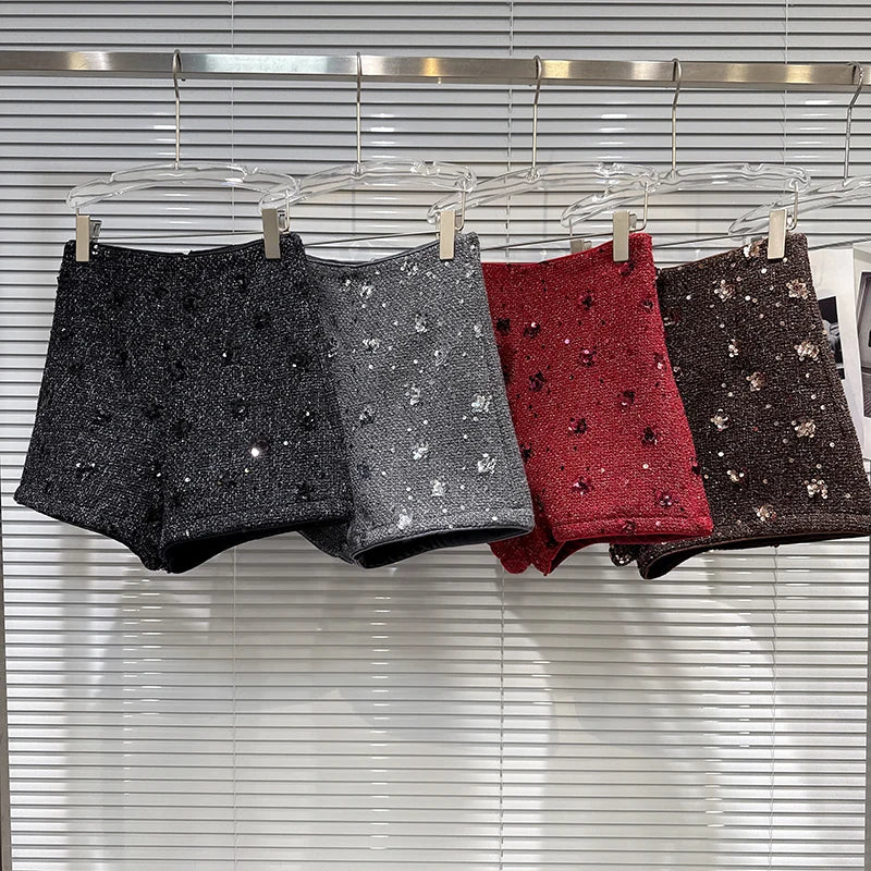 Winter New Fashion Sequin Flower Embroidery Tweed Short Pants For Women High Waist Wide-leg Shorts Female 11A07658