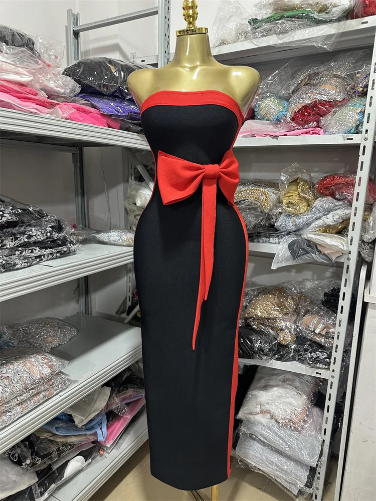High Women Sexy Strapless Off the Shoulder Bow Bodycon Long Bandage Dress Nightclub Party Celebrate Birthday Outfit