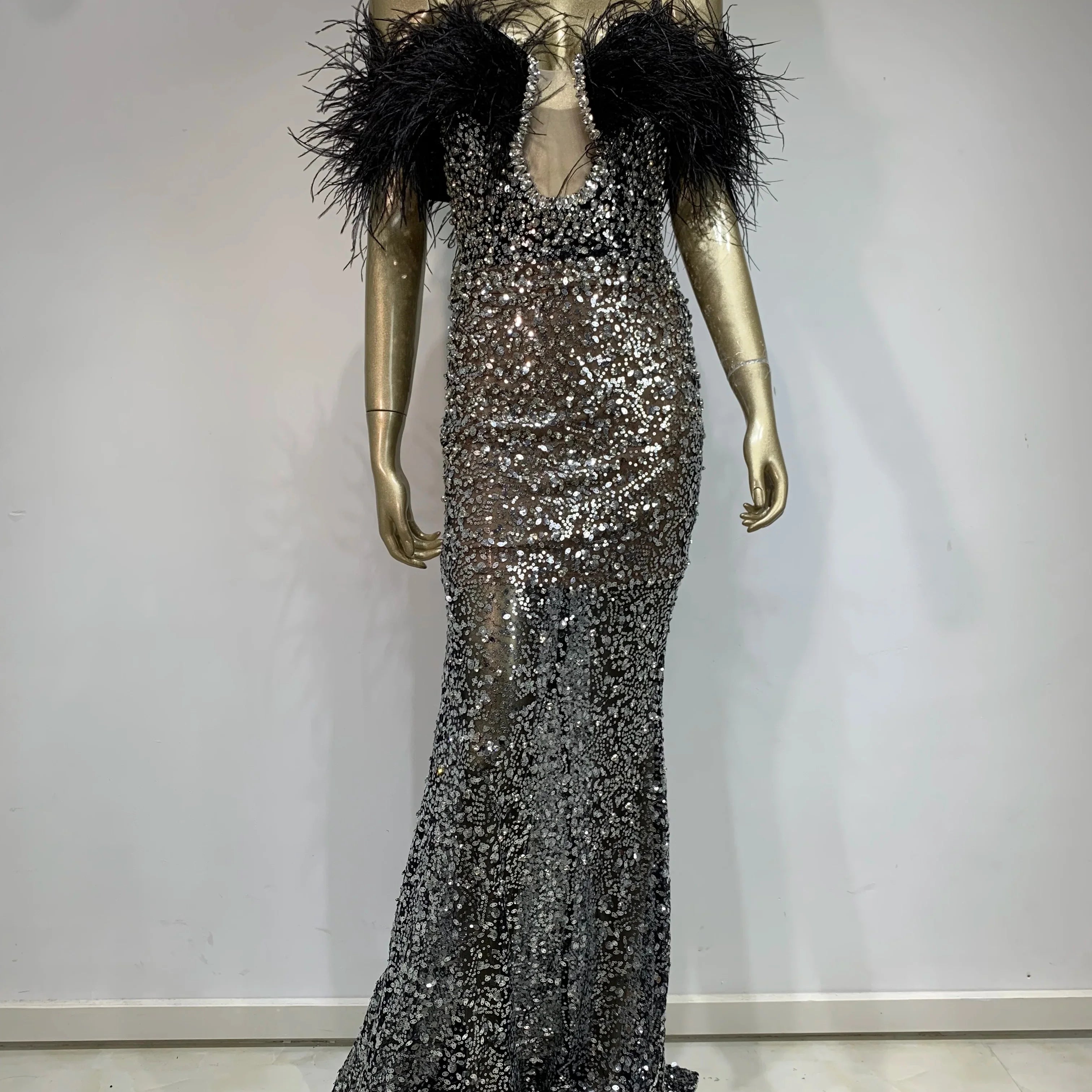 Women Celebrity Sexy Off Shoulder Feather Beading Sequins Maxi Long Gowns Dress Elegant Evening Party Club Dress Vestido