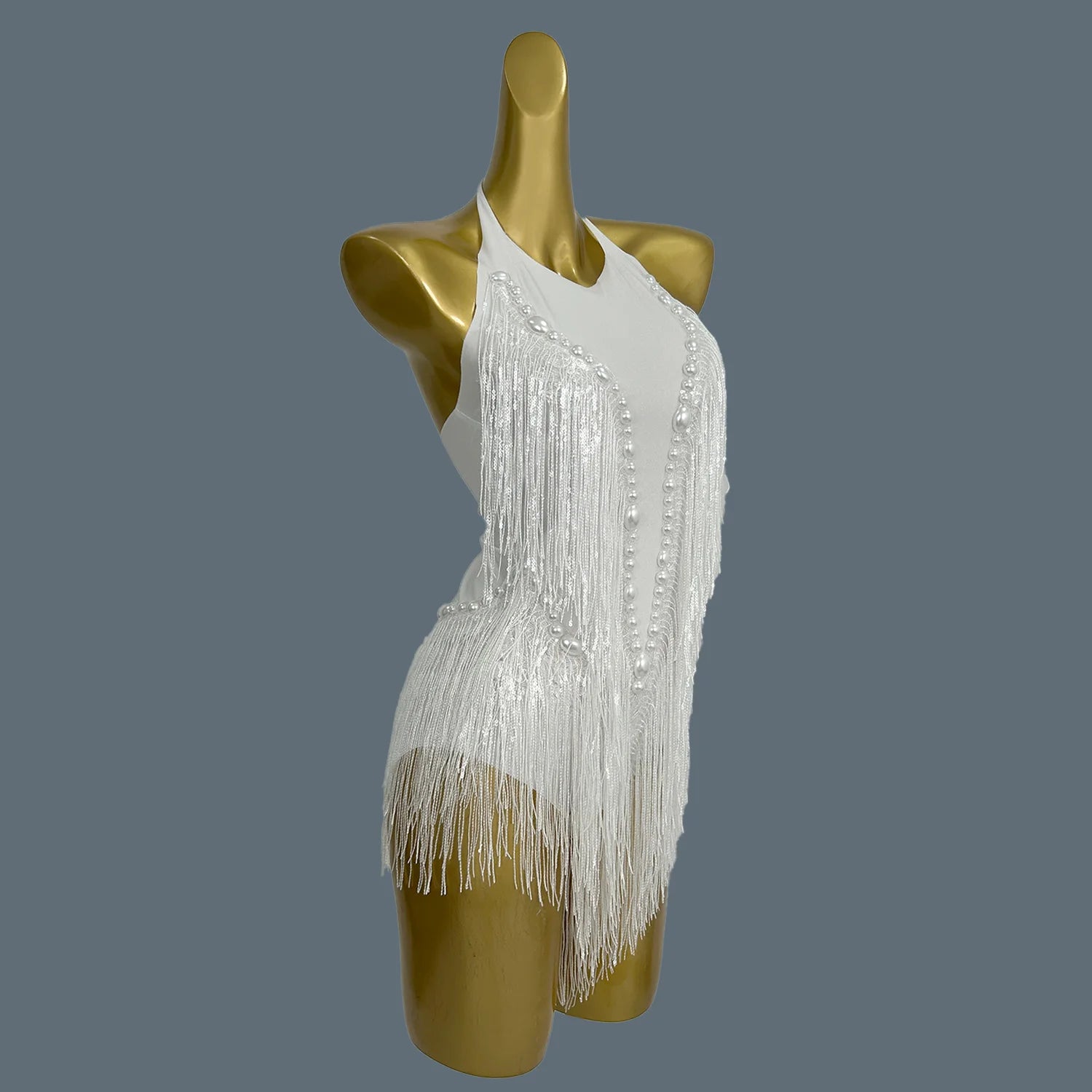 Sparkly Women White Tassel Leotard Sexy Pearls Sequins Fringes Bodysuit Club Performance Wear Party Stage Dance Costumes Shuye