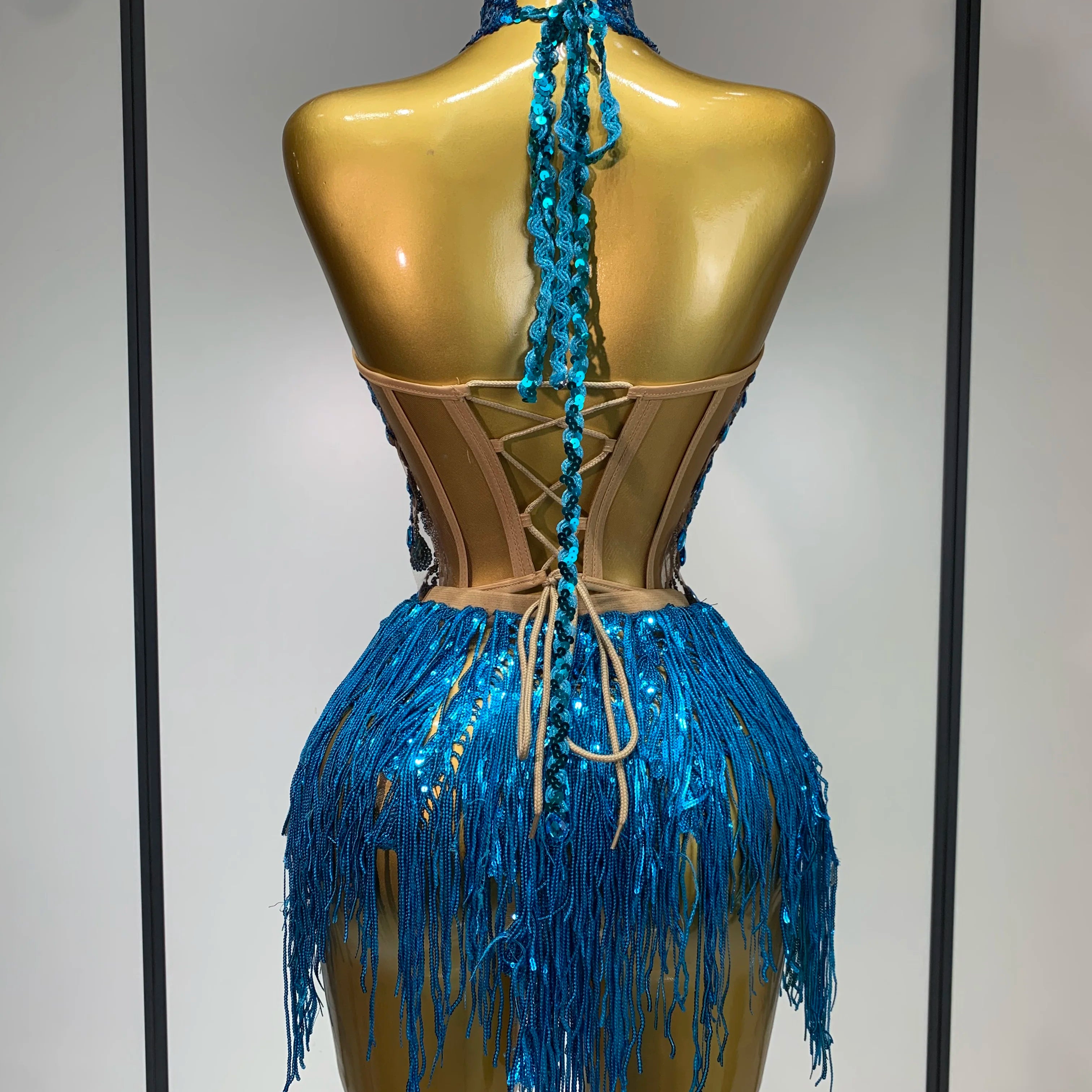 Women Sexy Shinning Rhinestone Tassels Two Pieces Set Nightclub Evening Party Birthday Bar Dancer Performance Stage Costume