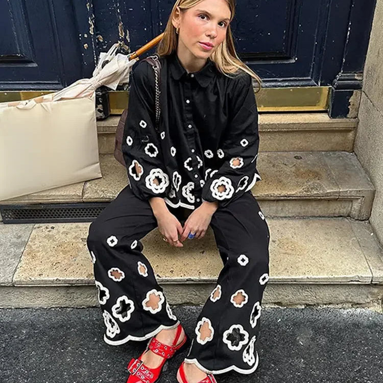 Spring Autumn Fashion Women Flower Hollow Out embroidery Pants Set Retro Lapel Long Lantern Sleeve Shirt Suit Streetwear