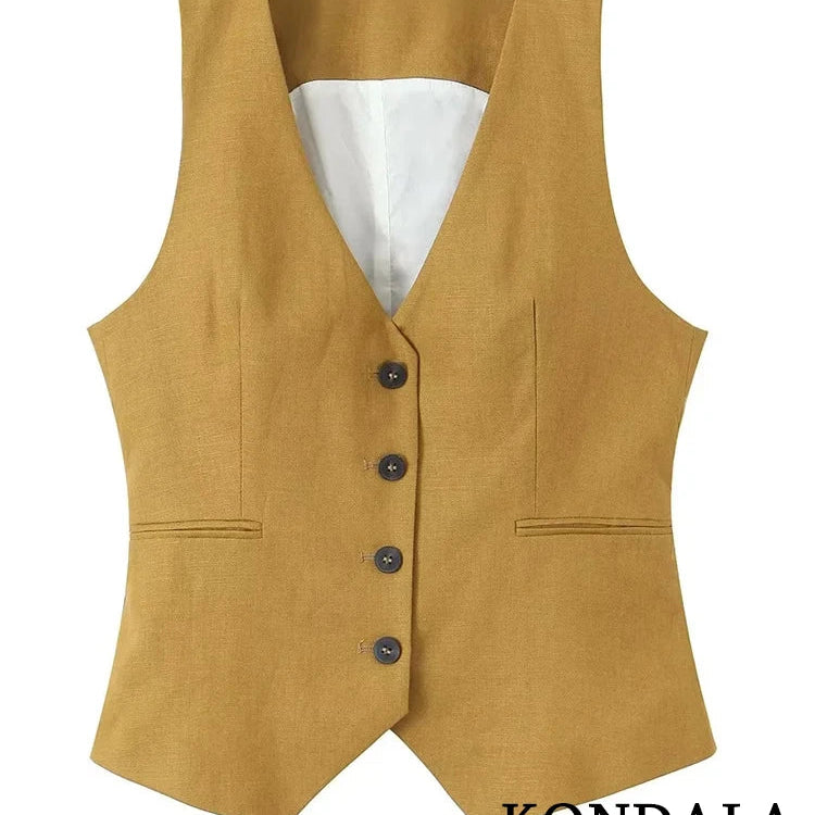 KONDALA Office Lady Linen Brown Suits Women V Neck Single Buttons Vest Blazer+High Waist Wide Leg Pants Fashion Summer Sets