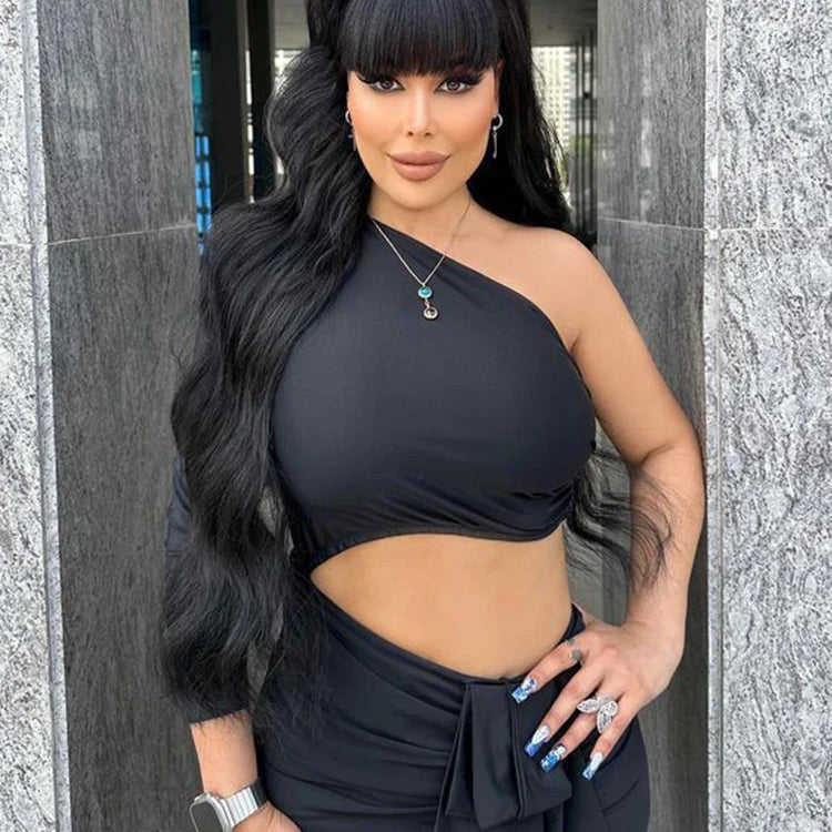 Black Long Dress Women Diagonal Collar One-Shoulder High Slit Ruched Design Evening Party Dress 2022 Autumn Winter New