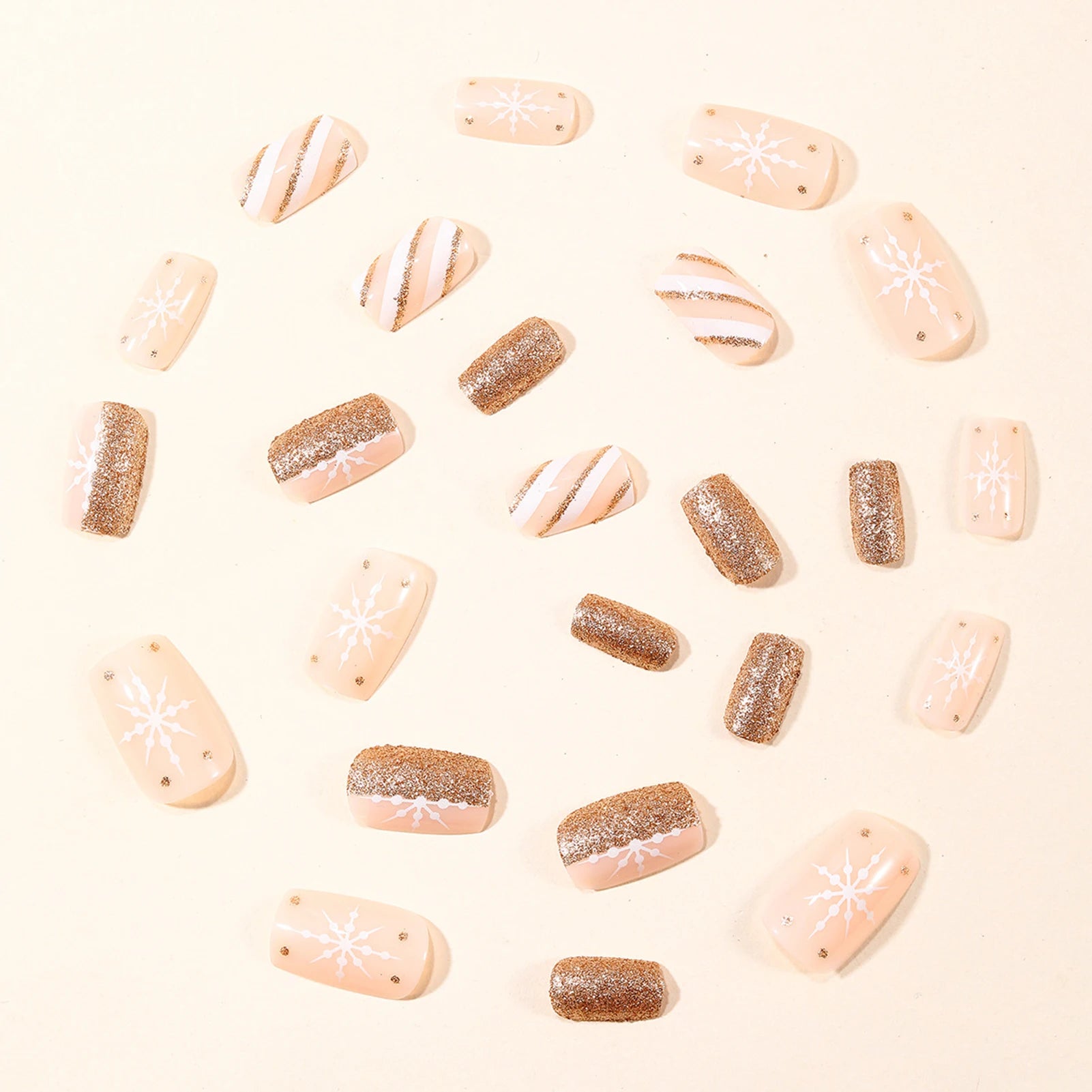 24Pcs Gold Sequins Fake Nails Nude Color Short Square Press On Nails Snowflake Printed Women Christmas Party False Nails Art