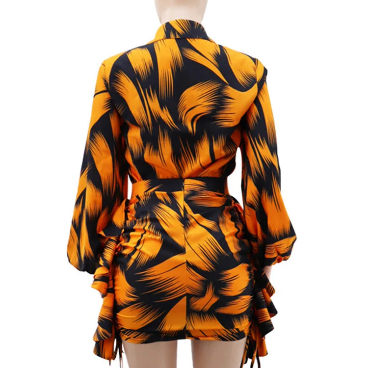 Elegant Striped Printed Ruffles Side Mini Skirts and Long Sleeve Shirt Tops Women Two 2 Piece Sets Birthday Festivals Outfits