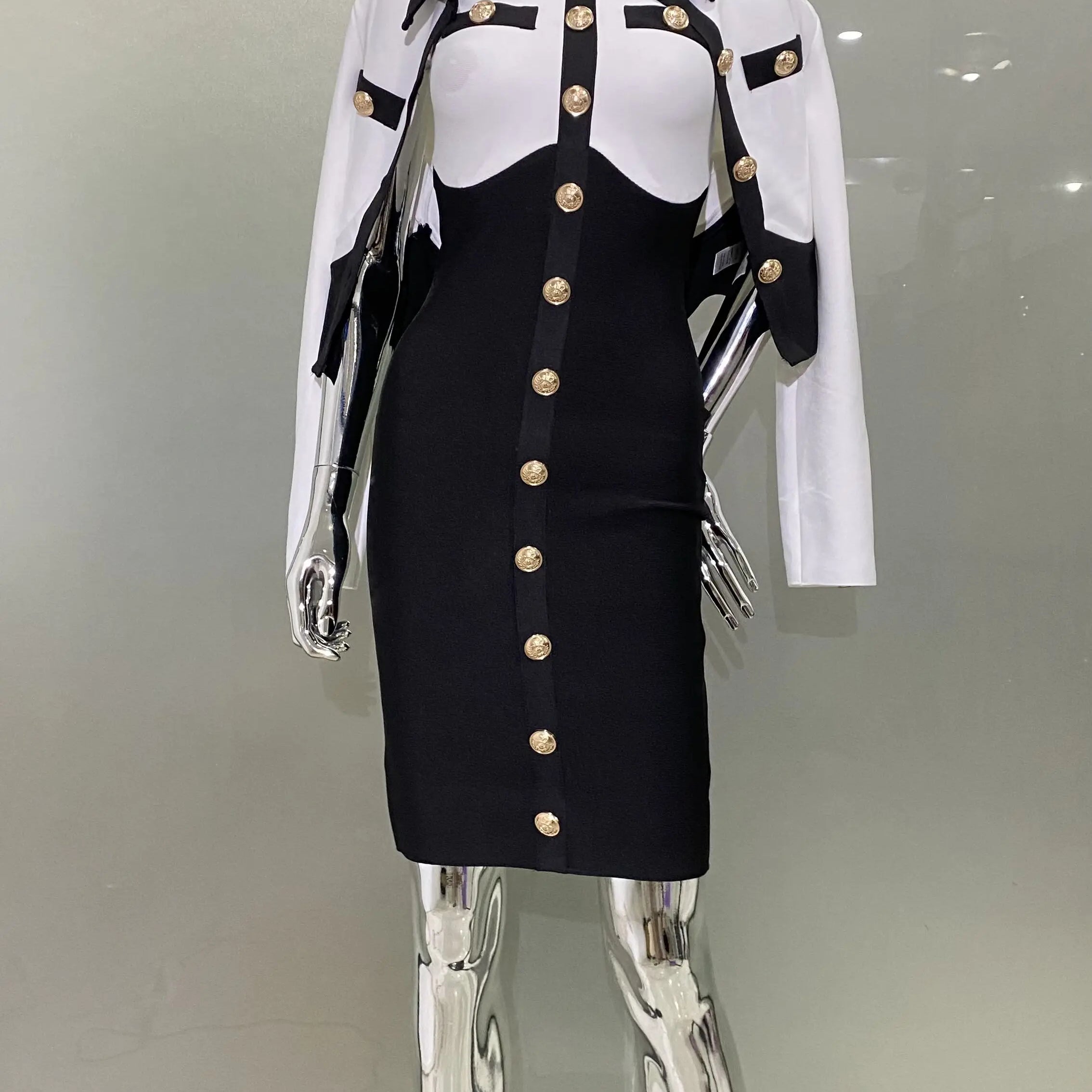 New Arrivals Fashionable Women's Bandage Set Golden Buttons White Patchwork Black Coat And Sleeveless Bodycon MIini Dress