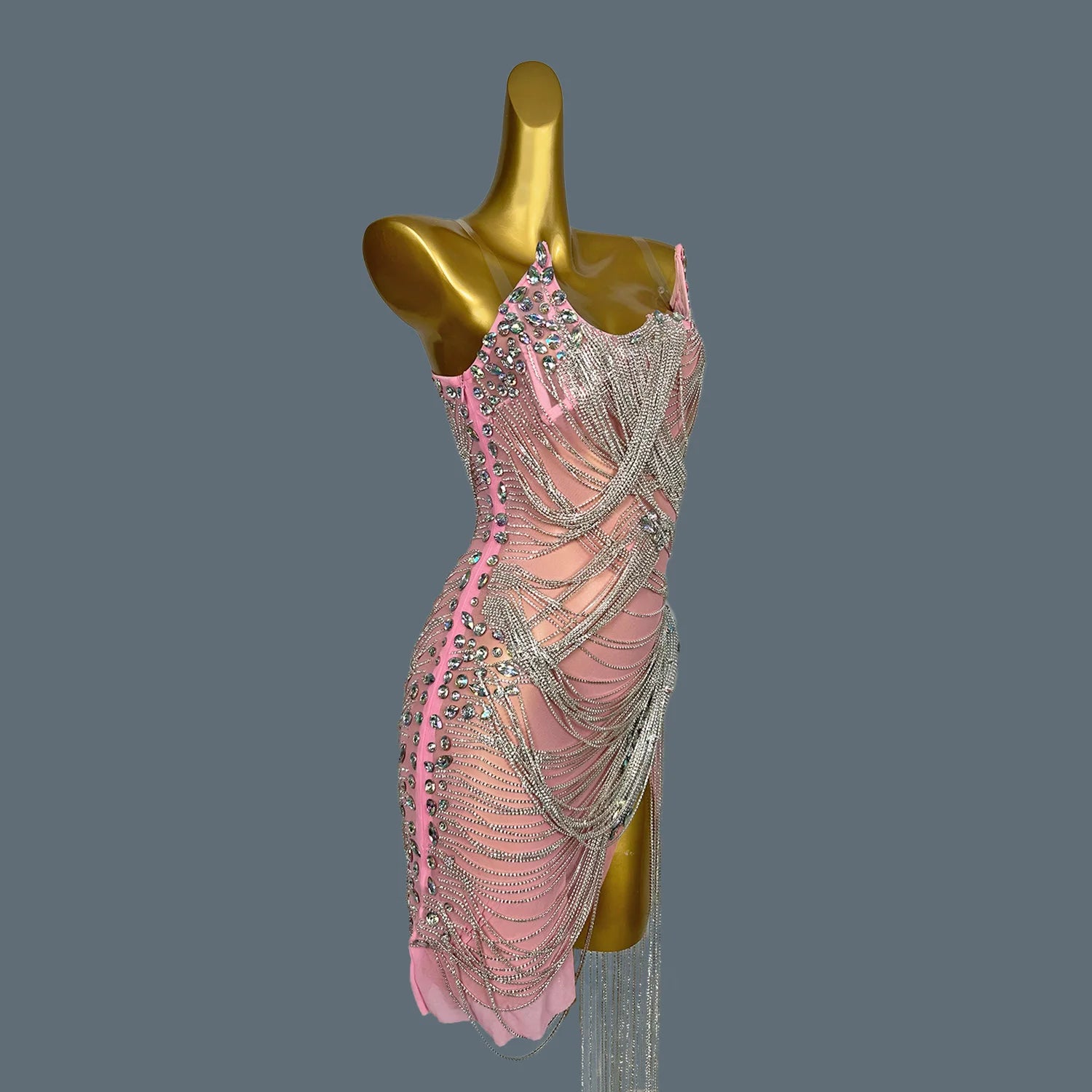 Women Shiny Crystal Chain Diamonds Dress Elastic Sexy Tassel Mini Dress Nightclub Show Costume Birthday Party Dress Tassel Luoli