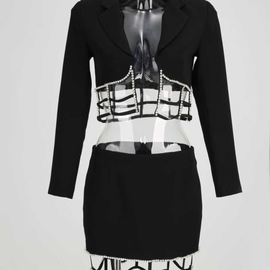 Solid Slimming Spliced Bead Two Piece Sets for Women Lapel Long Sleeves Top High Waist Skirt Hollow Out Set Female