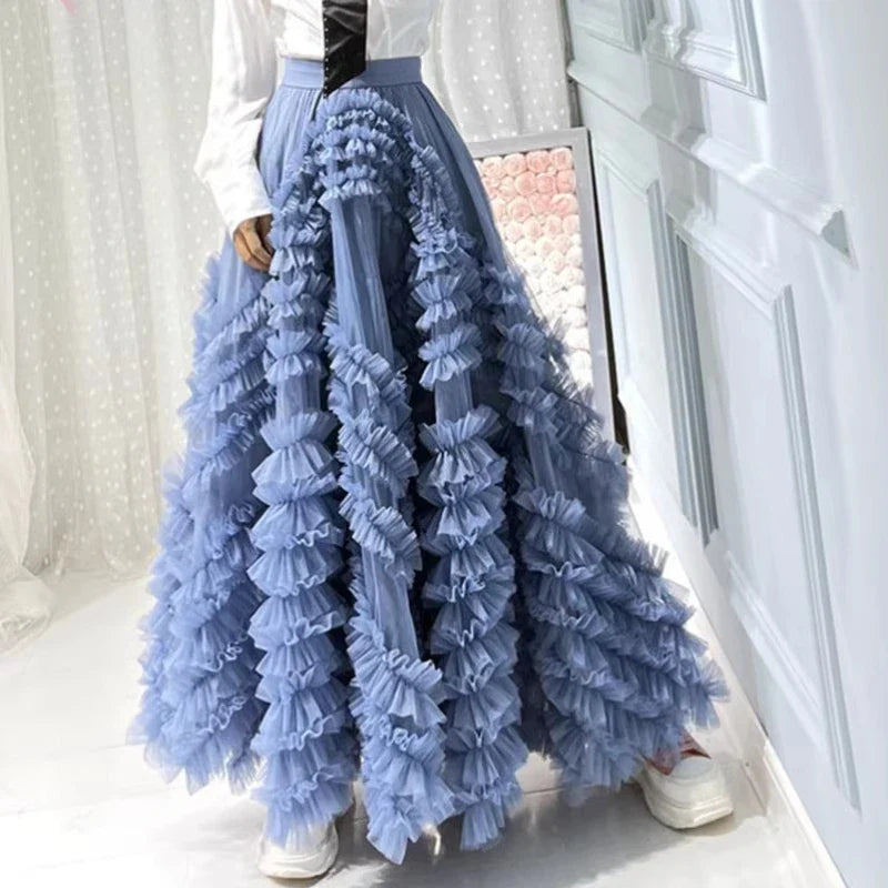 Luxury Fairy Fungas A-line Solid Maxi Long Tulle Skirts Pink Blue