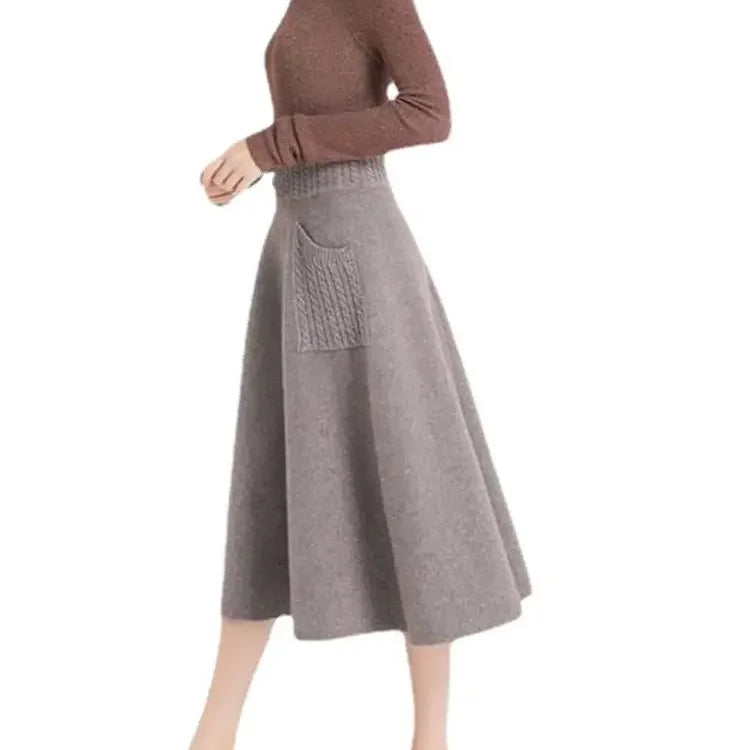 Autumn Winter Warm Wool Knitting Long Skirts Women High Waist with Pocket Loose Female Solid Knit Mid-Calf Skirt B790
