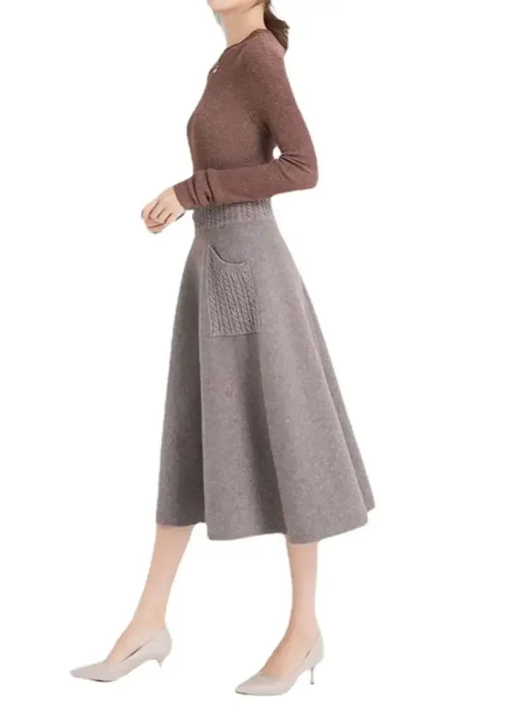 Autumn Winter Warm Wool Knitting Long Skirts Women High Waist with Pocket Loose Female Solid Knit Mid-Calf Skirt B790