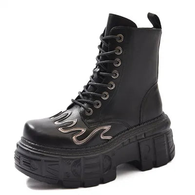 Fashion Women Punk Lace-Up Round Toe Boots For Woman's Thick Bottom Knee High Botas Mujer 2025 Motorcycle Party Platform Shoes Short boots