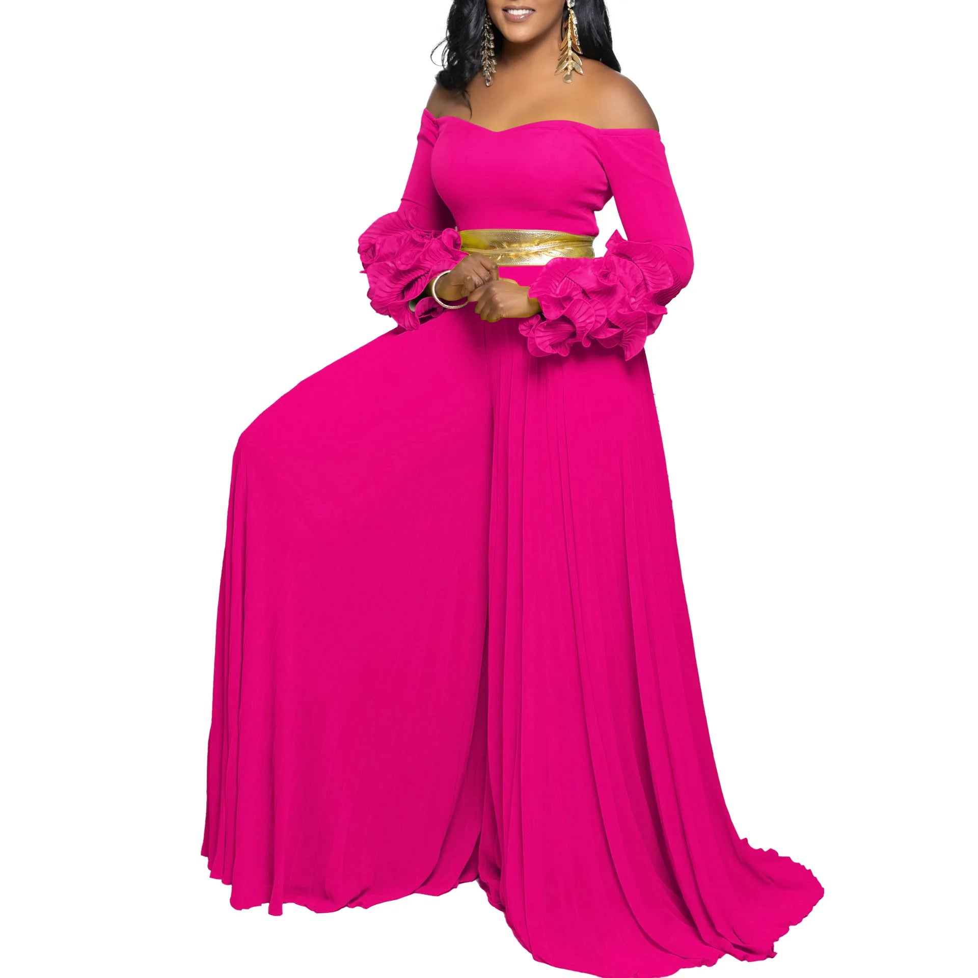 Women Long Ruffles Sleeve Pleated Slash Neck Wide Leg Long Jumpsuits Party Beach belt Street Sexy Africa Outfit Rompers Rose red belt