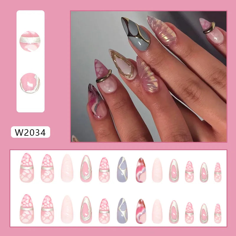 24pcs Ins Almond Press on Nails Gothic Sliver Metal Line y2k Fake Nails Detachable Wearable Sweet Cool Spicy Girl False Nails 6