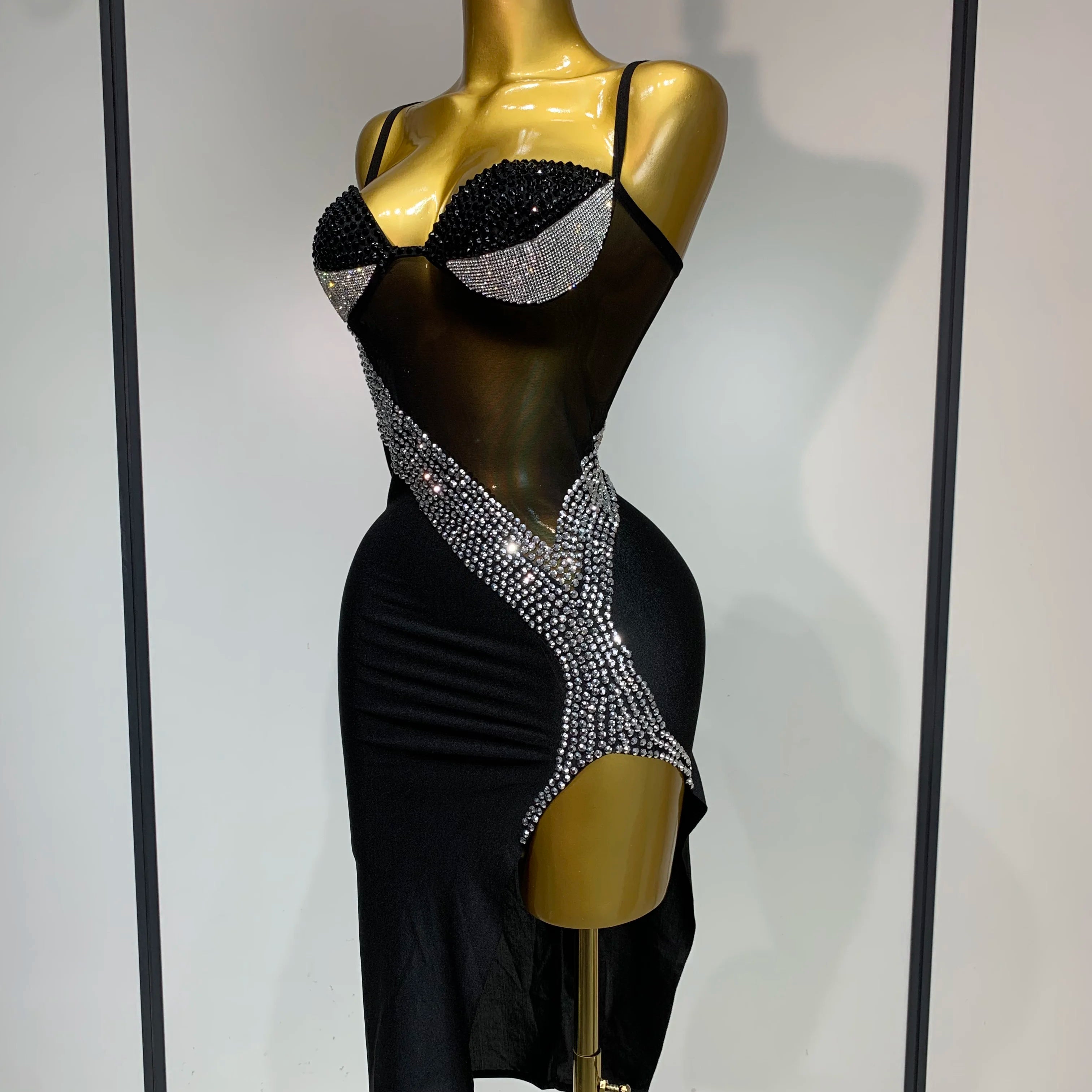 Sparkly Rhinestones Mesh Evening Party Dress Women Sexy Festival Celebrate Dj Nightclub Singer Stage Outfit Birthday Dress