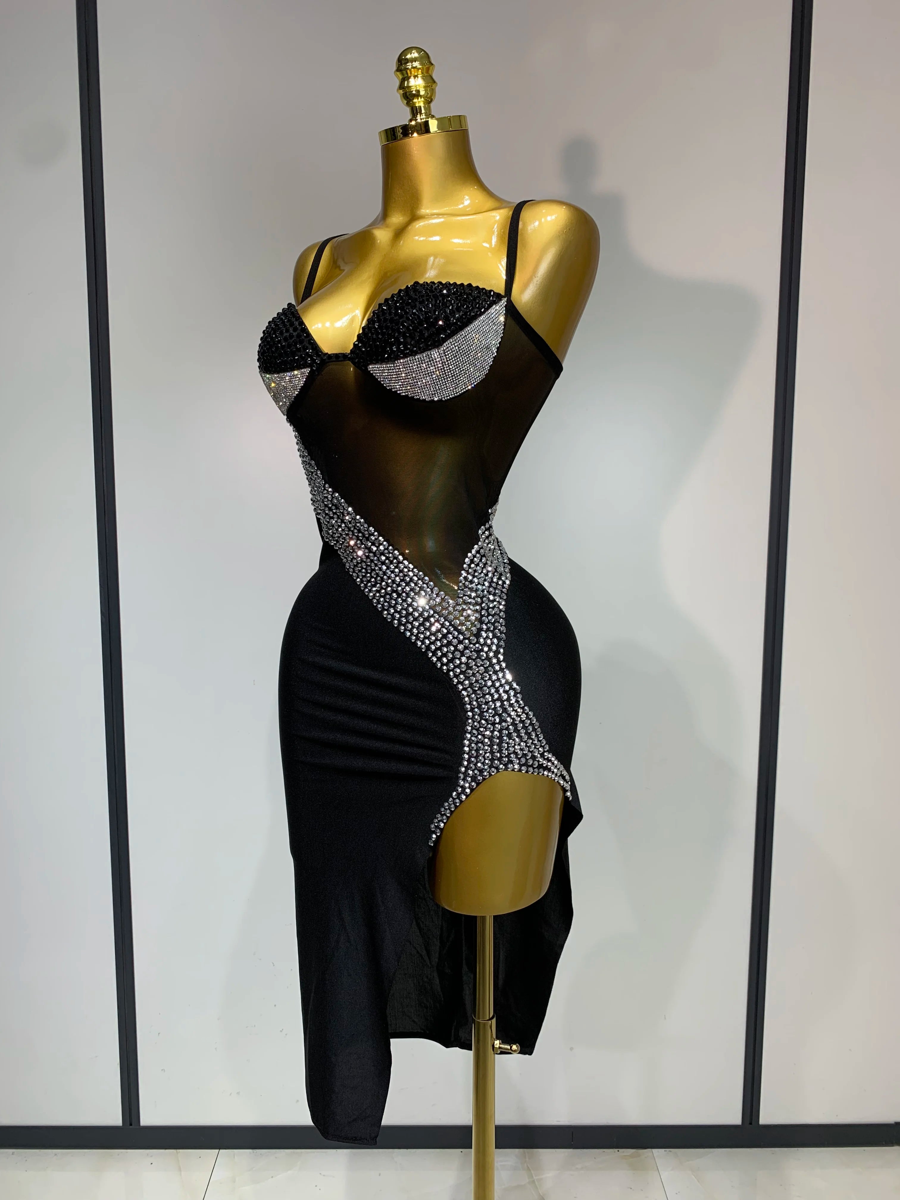 Sparkly Rhinestones Mesh Evening Party Dress Women Sexy Festival Celebrate Dj Nightclub Singer Stage Outfit Birthday Dress