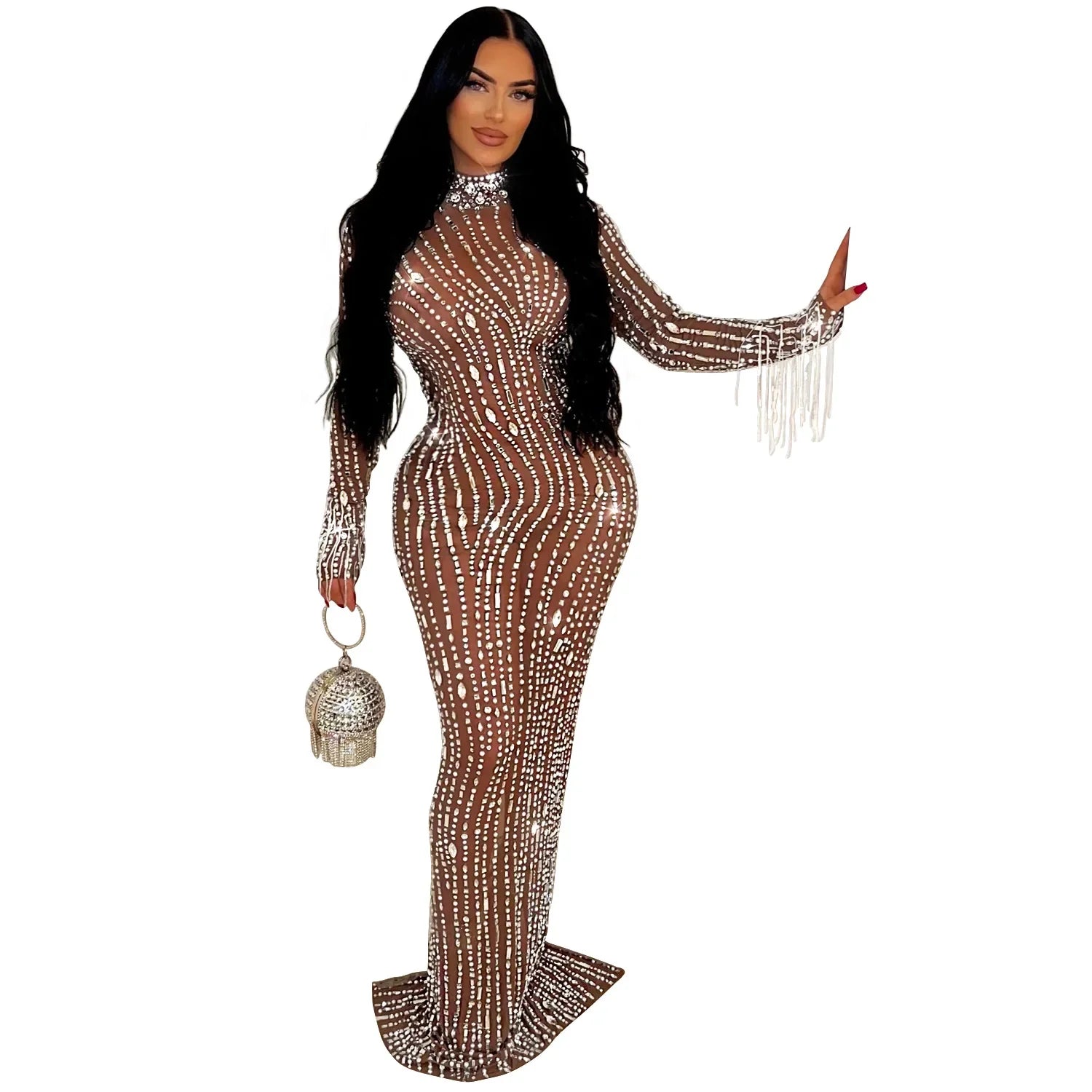 2024 Women Long Sleeve Mesh See Through Diamonds Hot Rhinestones Bodycon Dress Woman Maxi Long Evening Birthday Dresses Apricot