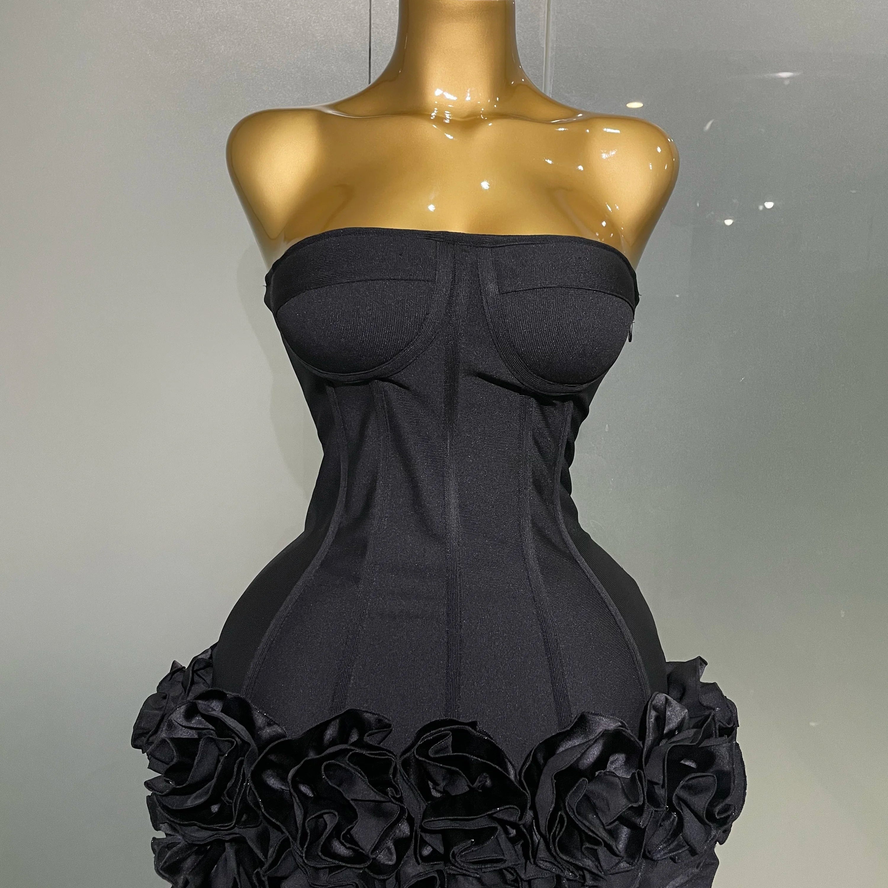Women Evening Bandage Dress Strapless Bodycon Flowers Mini Celebrity Sexy Birthday Party Dresses Photo Shoot Nightclub Outfit black
