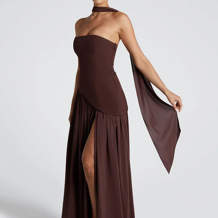 Mozision Strapless Off-shoulder Sexy Maxi Dress For Women Gown Patchwork Scarf Collar Thigh High Split Club Party Long Dress