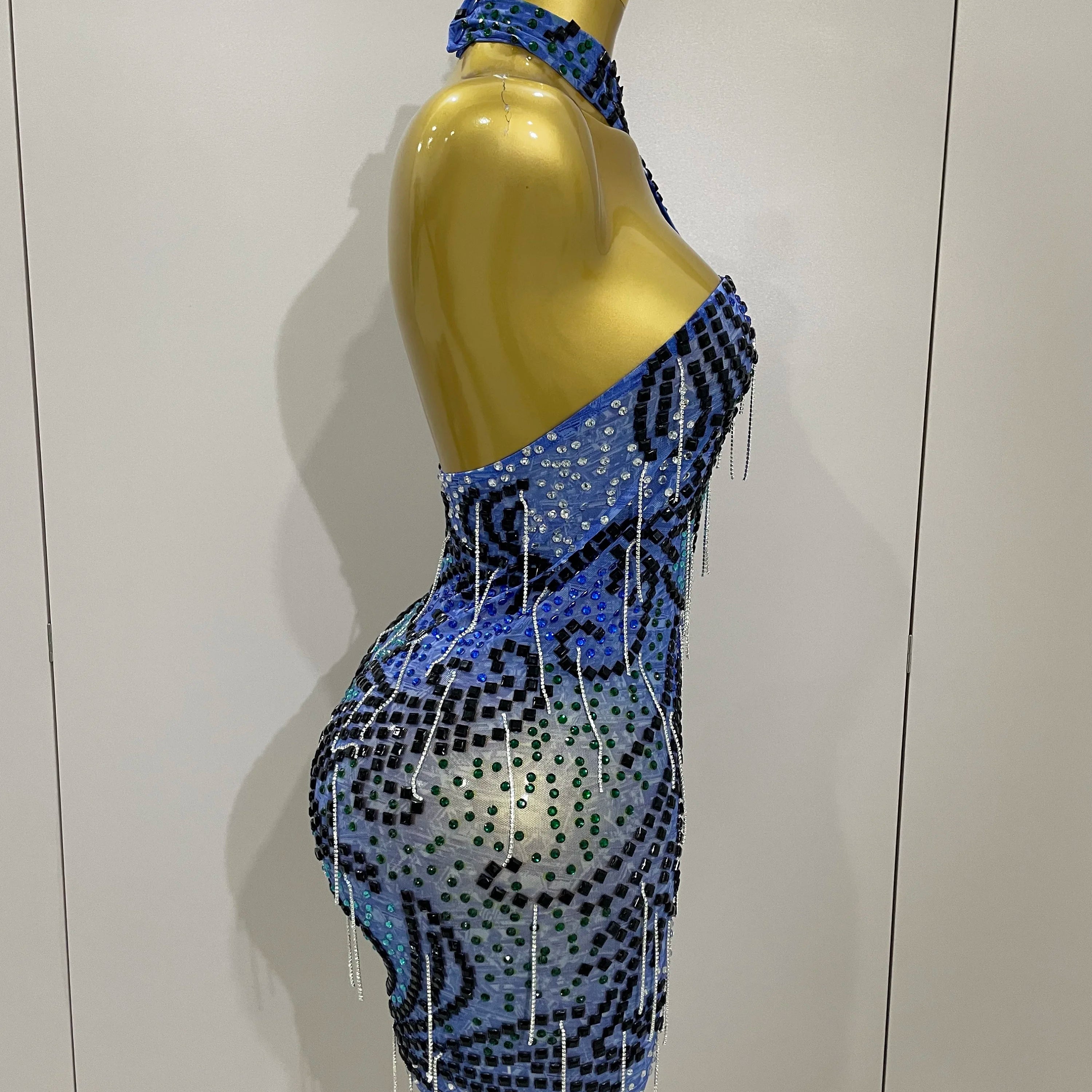 Sexy Sparkly Rhinestones Chains Blue Mesh Short Dress 2025 New Women Party Celebrate Birthday Dresses Photo Shoot Stage Wear