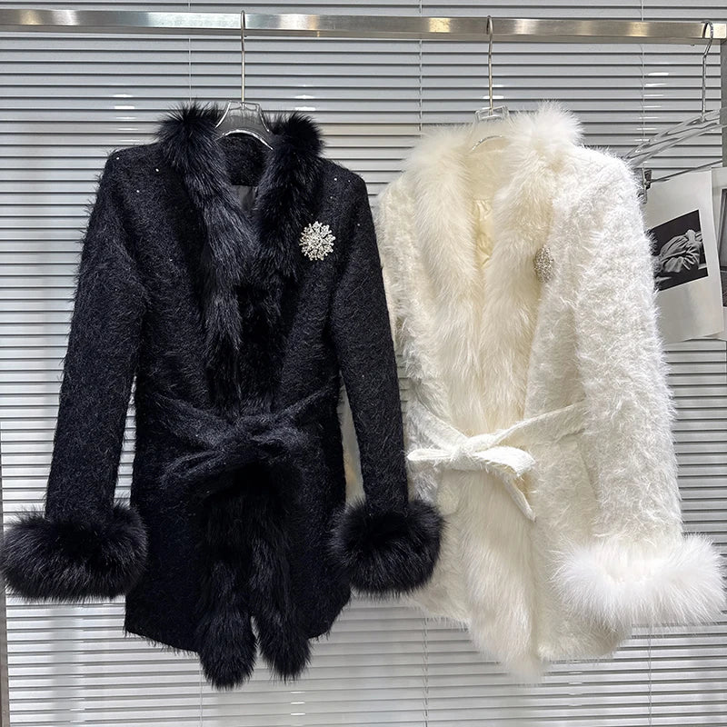 Winter New Fashion Diamond Fox Fur Collar Waist Belt Cotton Coat For Women Lace-up Waisted Jacket Female 11A07796