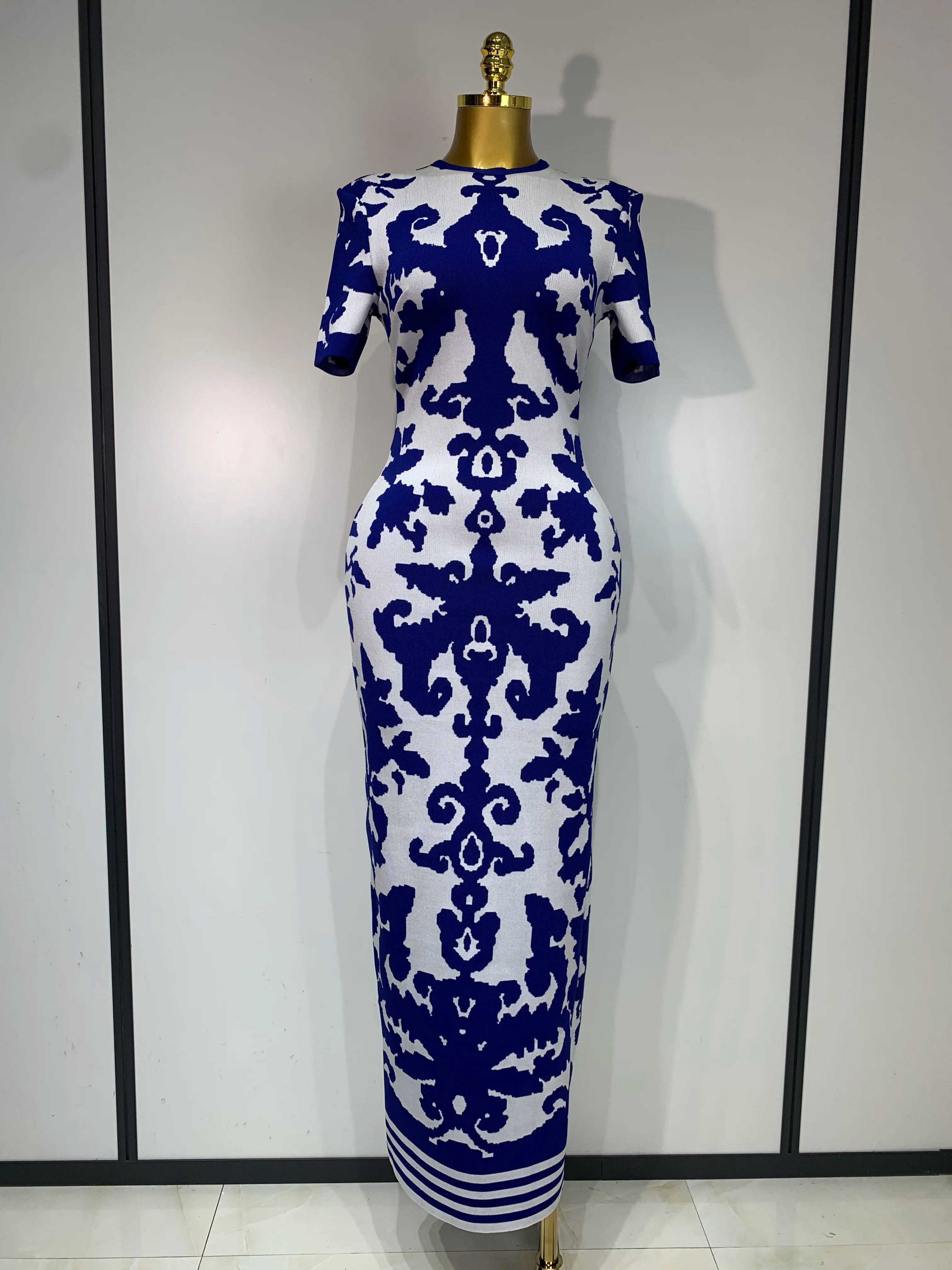 Women Sexy Short Sleeve Jacquard Blue Maxi Long Bodycon Bandage Dress 2025 Celebrity Elegant Evening Club Party Luxury Dresses Blue