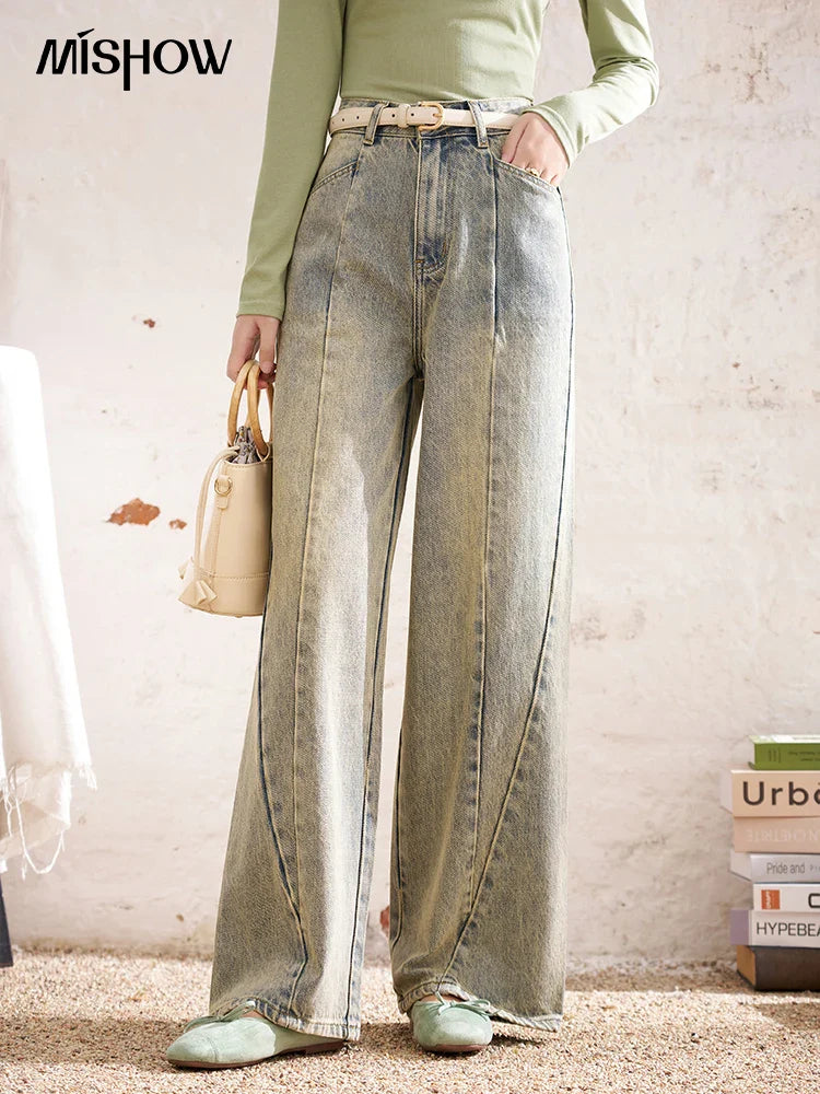MISHOW Baggy Distressed Jeans for Women Wide Leg High Waist Loose Vintage Pants Spring Autumn Ladies Trousers MXD22K0562