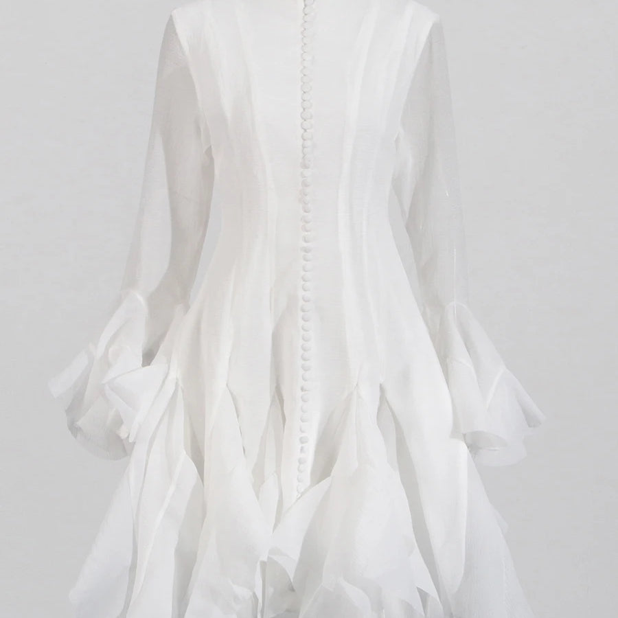 Solid Spliced Button Slimming Dresses For Women O Neck Long Sleeve High Waist Patchwork Ruffles Female Fashion New WHITE