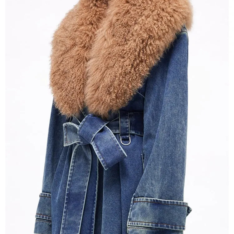 Colorblock Patchwork Lace Up Denim Coat For Women Fur Collar Long Sleeve Loose Casual Trench Female Fashion Style