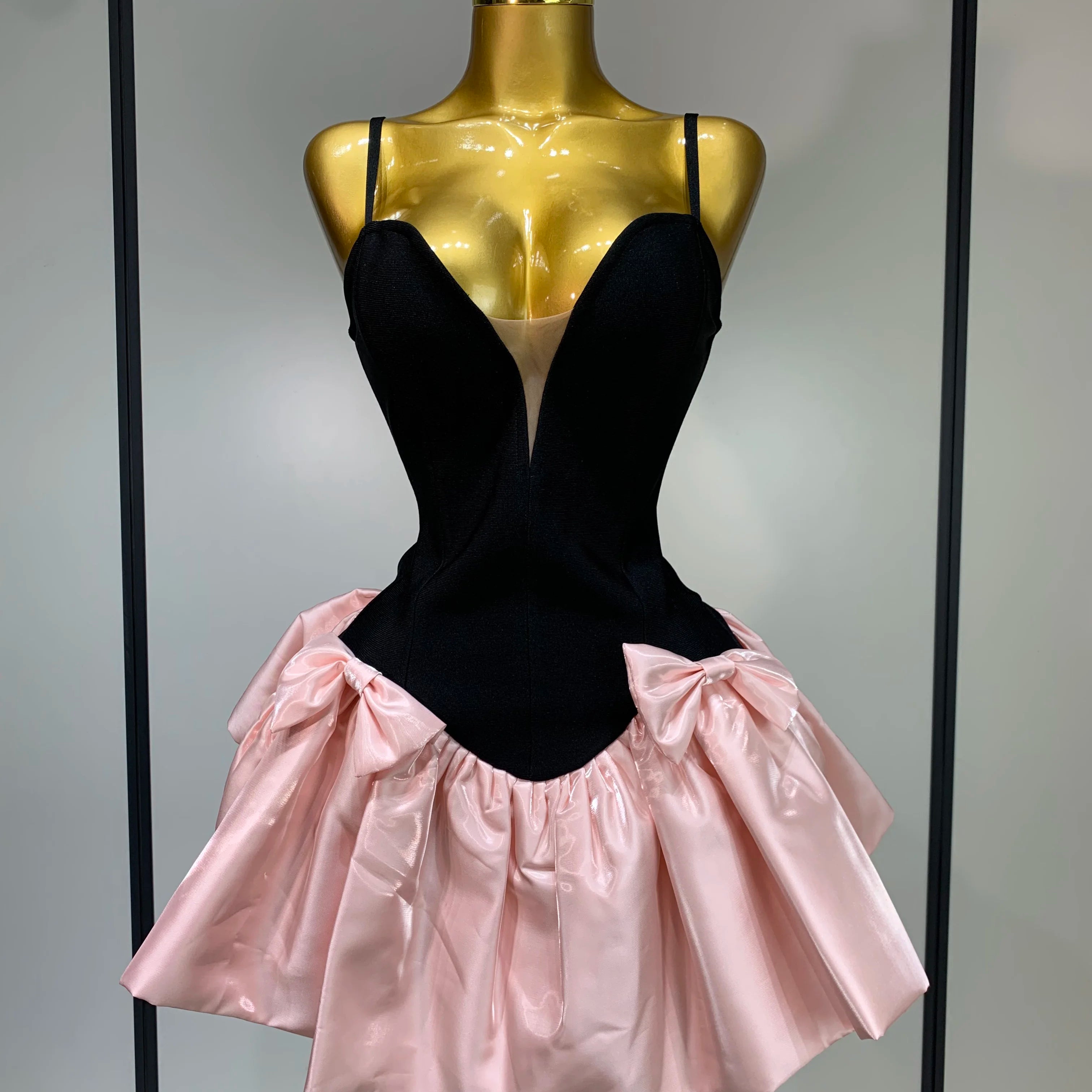 Women Sweety Short Bandage Dresses Evening Party Bow Decoration Bubble A-line Mini Girls Dress Elegant Luxury Birthday Dress black