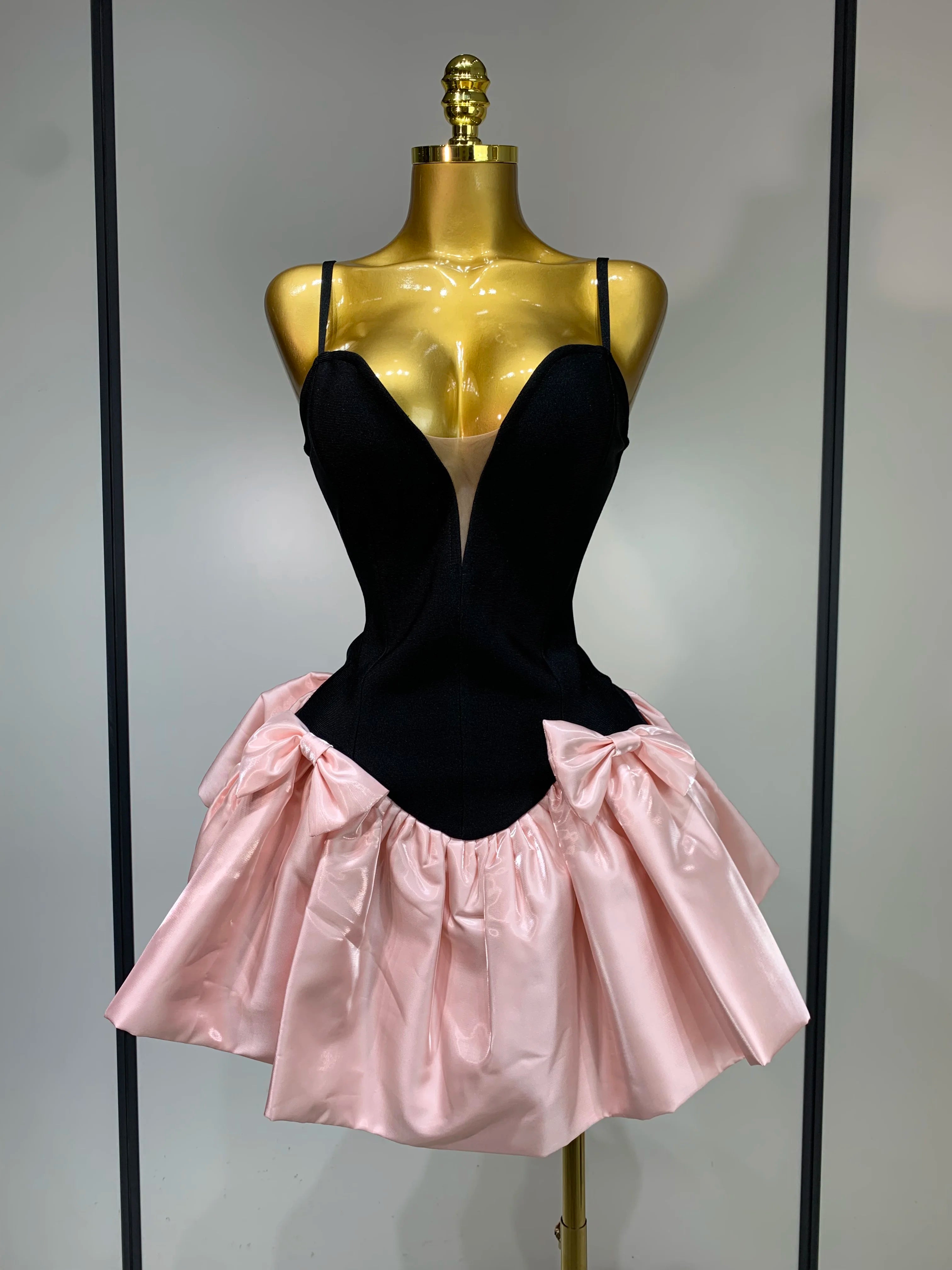 Women Sweety Short Bandage Dresses Evening Party Bow Decoration Bubble A-line Mini Girls Dress Elegant Luxury Birthday Dress black