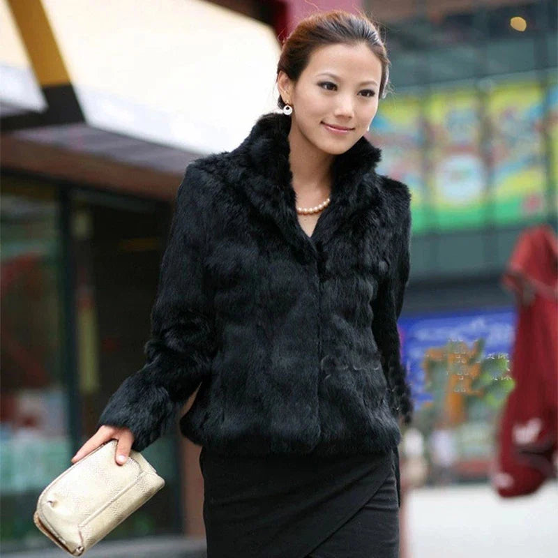 New Autumn Winter Real Genuine Rabbit Fur Coat Women Full Pelt Real Rabbit Fur Jacket Fashion Fur Mandarin Collar Overcoats