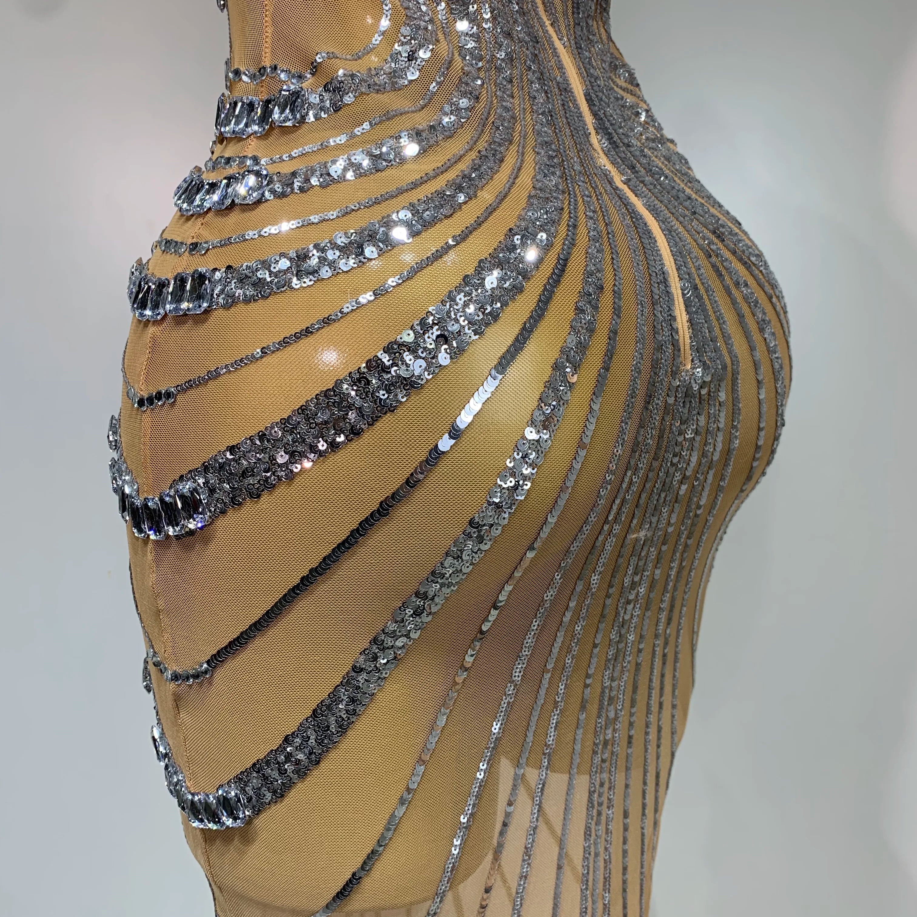 2025 Luxury Sexy Silver Rhinestone White Mesh See Through Long Dress Women Birthday Party Prom Gown Singer Nightclub Outfit